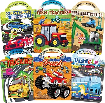Elfew 6 Pack Car Sticker Books for Toddlers 2-4, Reusable 3D Puffy Vehicle Stickers for Boys 3-5, Construction Trucks Racing Mess Free Activity Set - Road Trip Essentials Birthday Gift