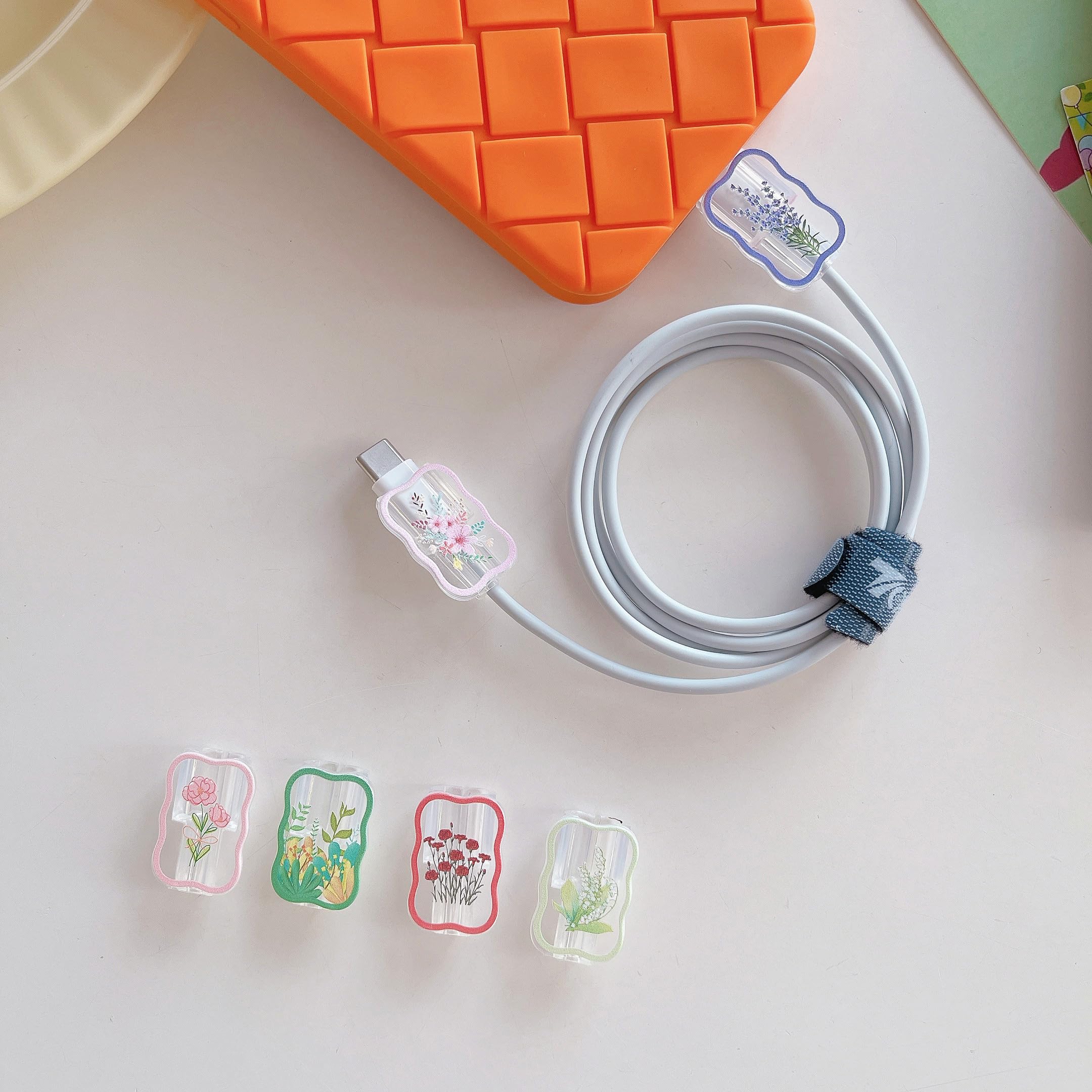 Tospania Cute Floral Pattern Cable Protector Compatible with iPhone Type C Lightning Charger (6 Sets)