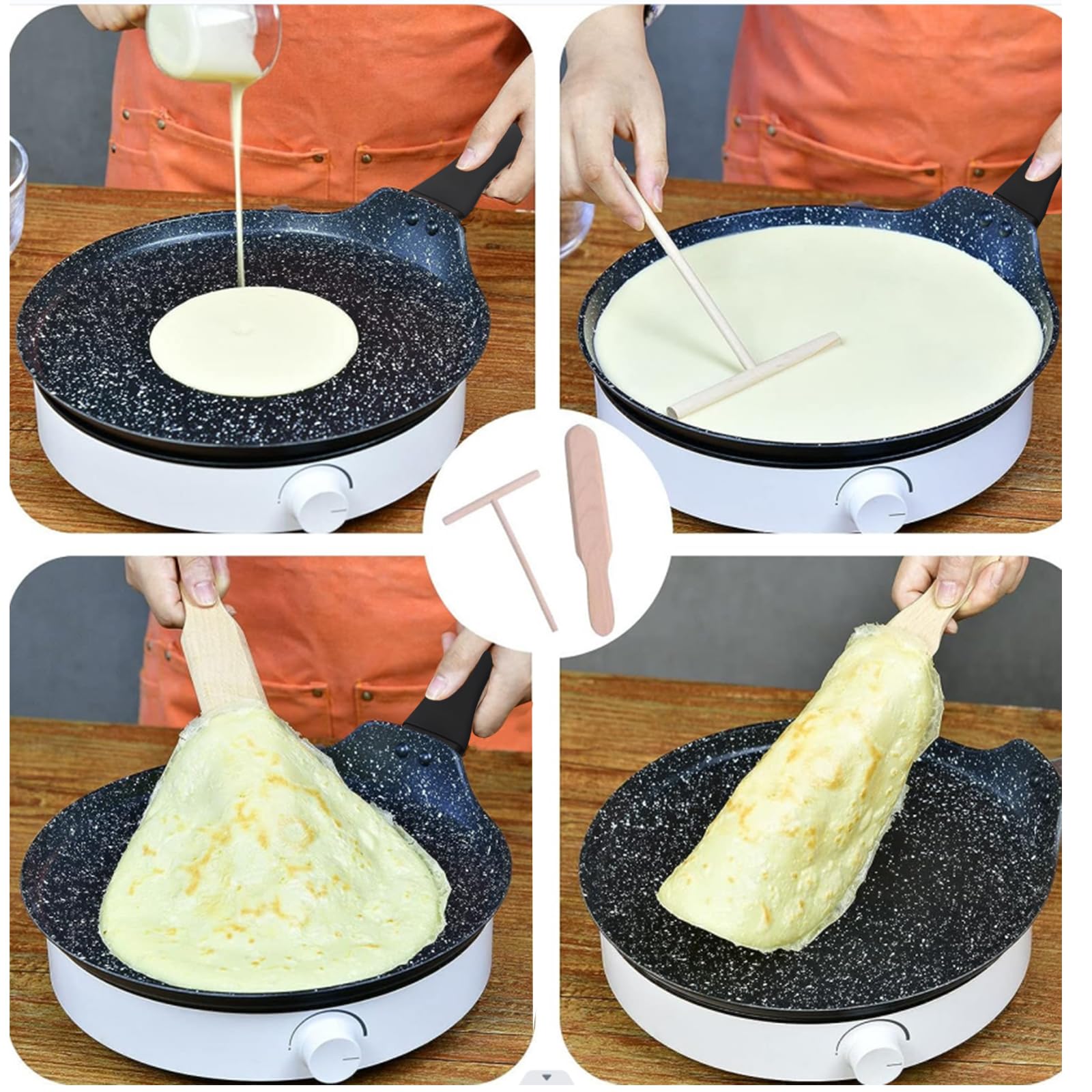 diig Sartén para crepes (28 cm, antiadherente, tortilla, con distribuidor de masa y pala de madera), color negro