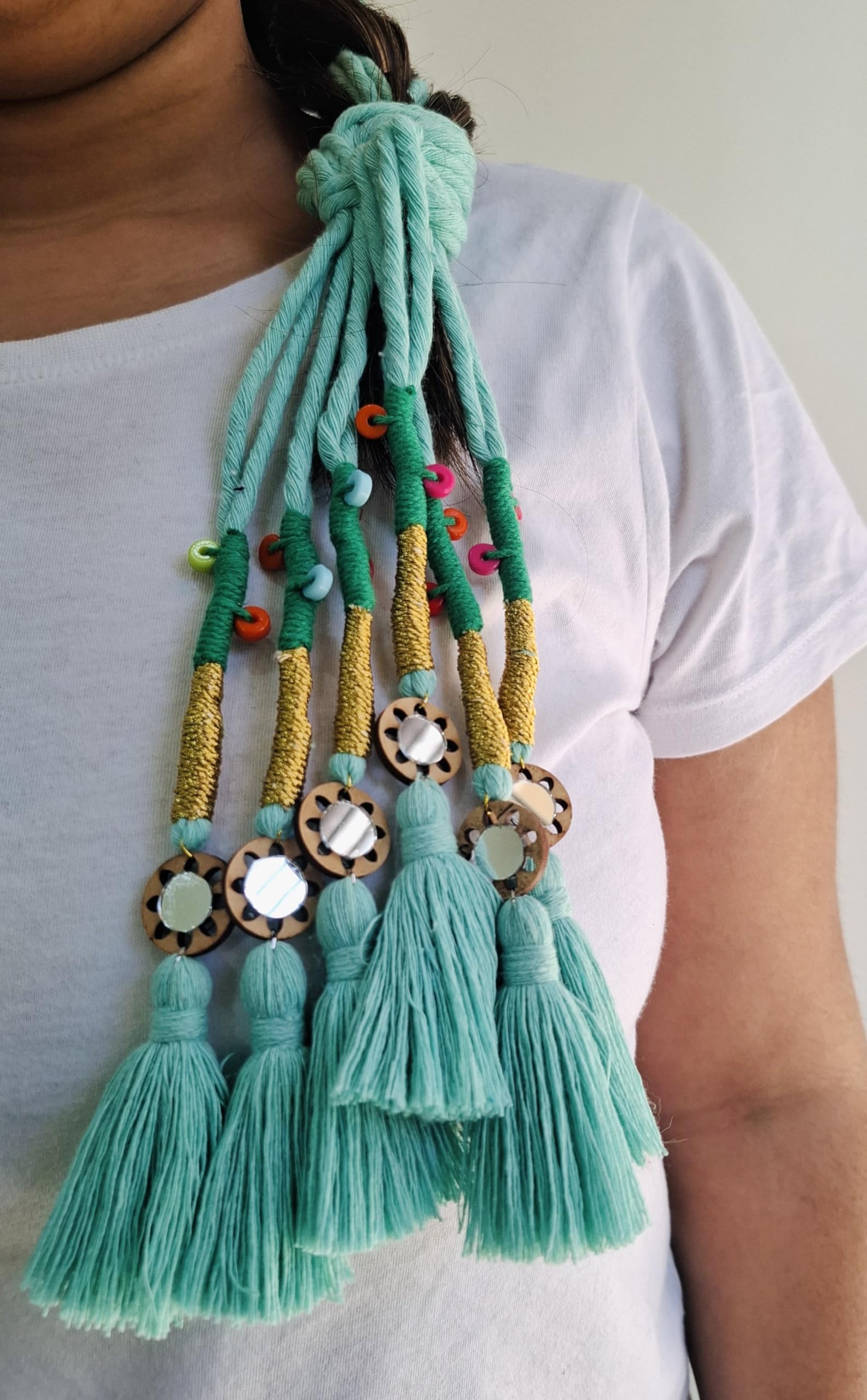 Zippy Flora Handmade Boho Parandi / Paranda Traditional Hair Accessory for Women & Girls | Ethnic Braided Hair Tassels, Choti Hair Extension, Decorative Braid Jewelry for Festive & Wedding Hairstyles (Neelima Turquoise Blue)-image-15
