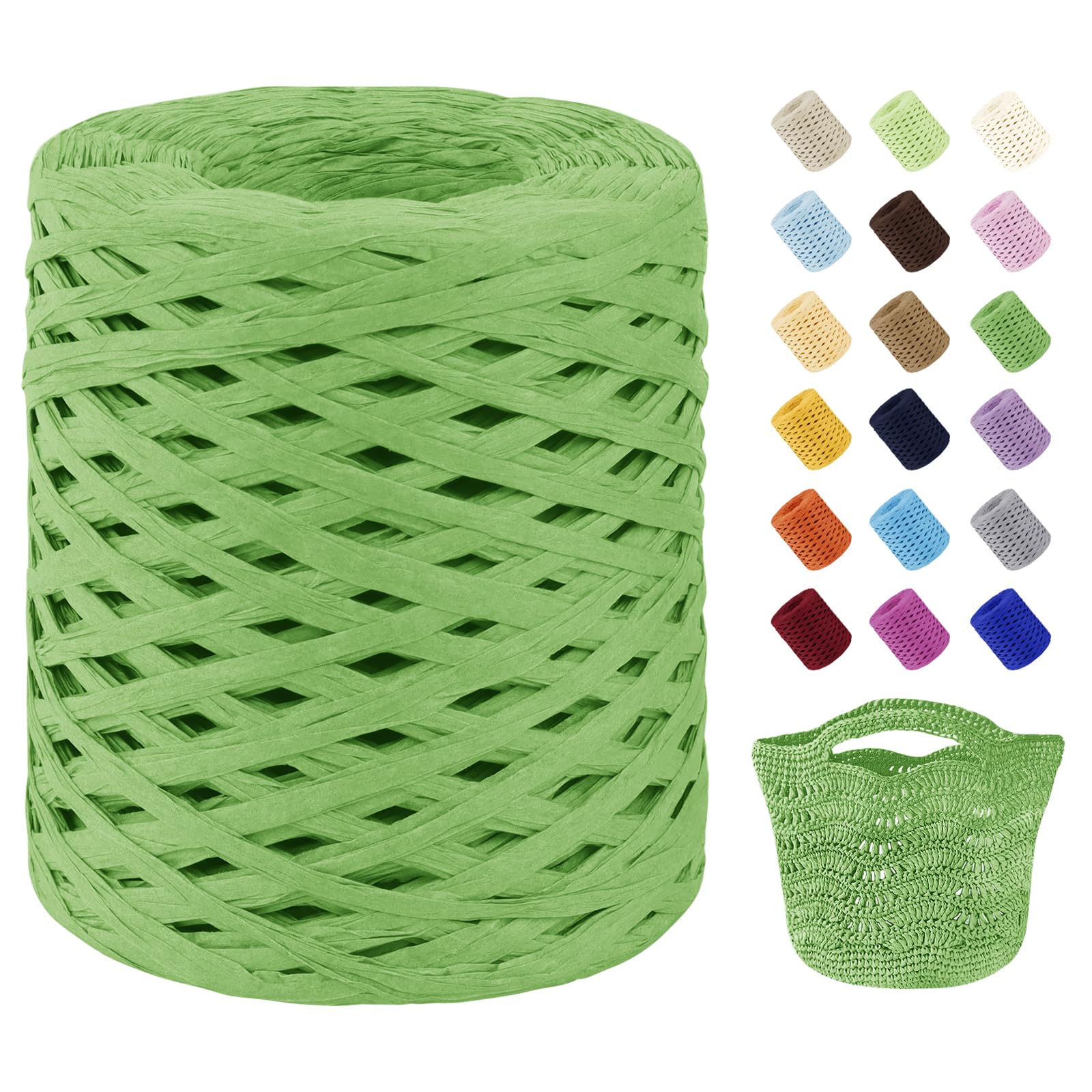 Uiopa Raffia Ribbon for Crochet, 3mm x 200m Raffia Paper Ribbon Straw Crochet Yarn for Crocheting Beach Bags, Sun Hats, Home Decor, DIY Crafts (Green)