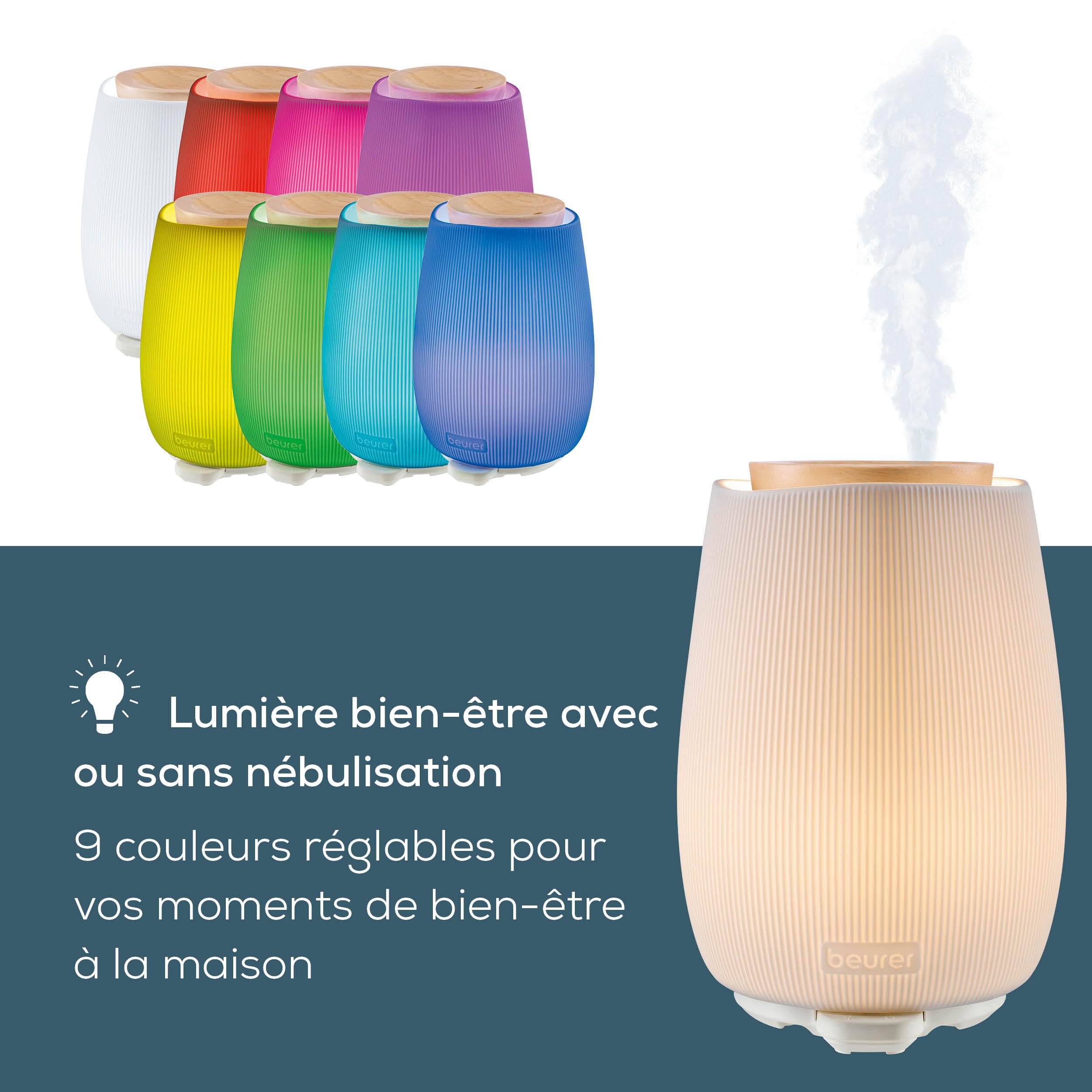 Beurer LA 45 Diffuseur d'arôme pour huiles essentielles, nébuliseur à ultrasons pour aromathérapie, lumière LED en 9 Couleurs, boîtier en céramique & Couvercle en Bois, minuterie & arrêt Automatique