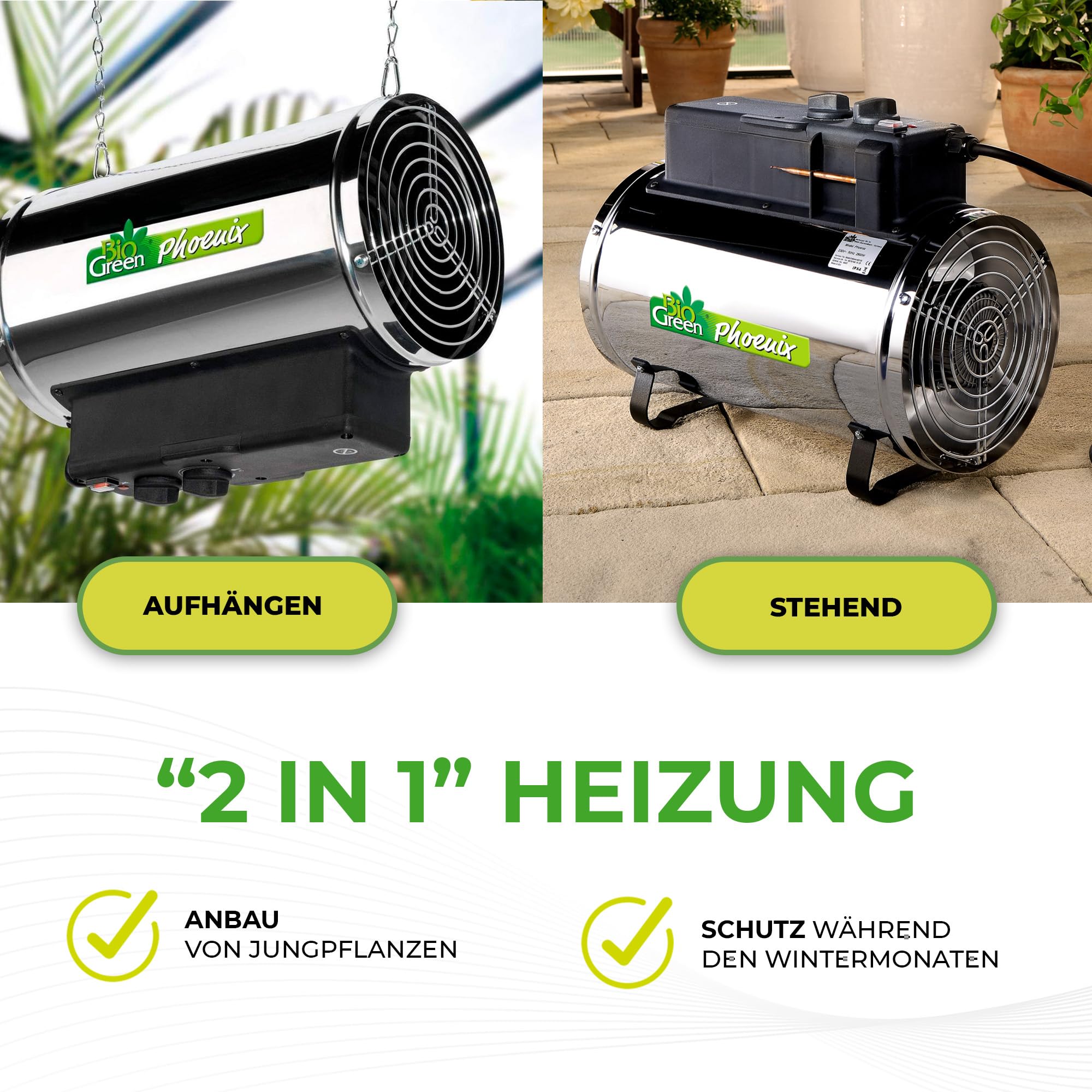 Bio Green Elektro-Gewächshausheizung Phoenix mit 3 Heizstufen bis 2.800 Watt | Thermostat | 460 m³/h Luftumwälzung | Umluft-Modus | spritzwassergeschützt