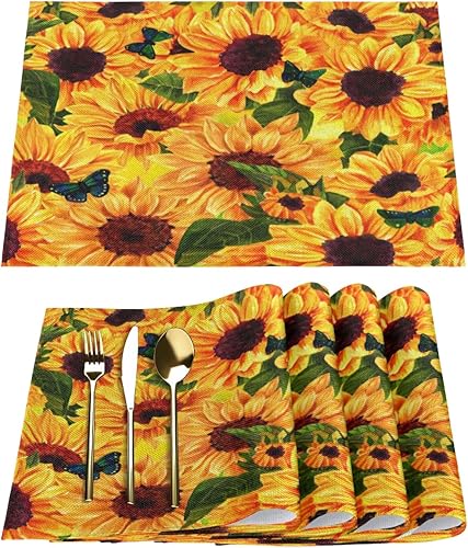 Vibrant Watercolor Sunflowers Butterflies Placemats Set of 6 Fabric Placemats Square Placemat for Kitchen Table Heat Resistant, Easy to Clean Table