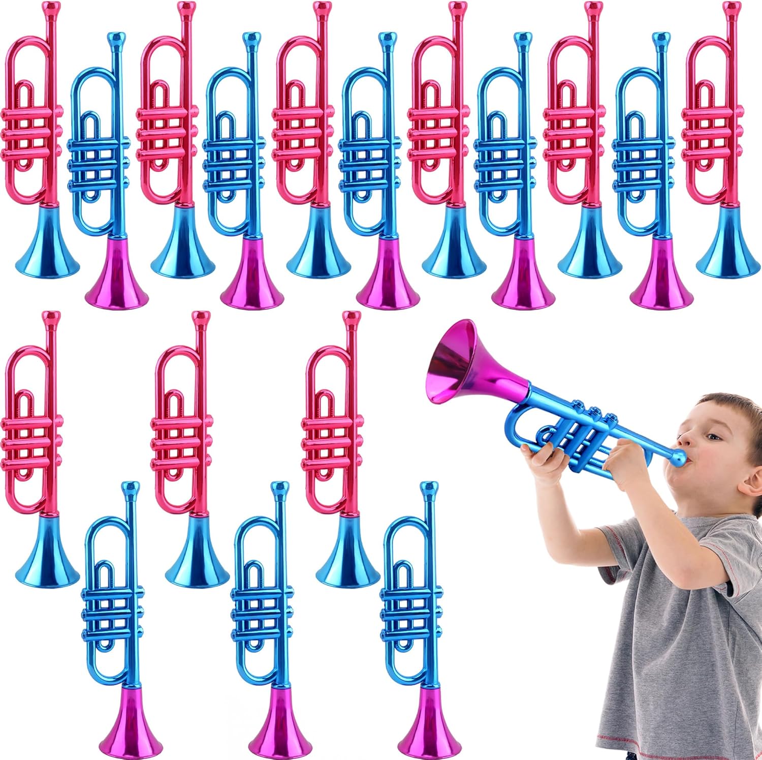 18 Pack 13 Inch Kids Trumpet Toy Colorful Plastic Trumpet Musical Instrument Metallic Trumpets Noise Maker for Kids Birthday New Year Party Favors and Sports Celebrations, 2 Colors