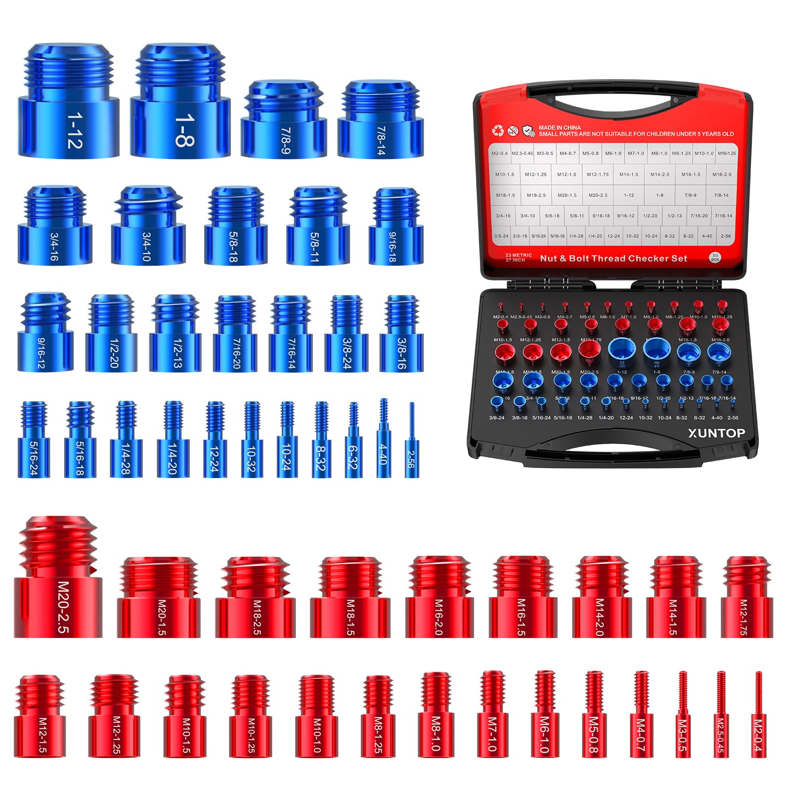 XUNTOP Probador de Roscas 50PCS Comprobador de Roscas 27Estándar&23Métrico Probador de Tamaño dede Rosca de Tuerca y Tornillo para Reparación de Automóviles DIY en Área Complicada y Estrecha