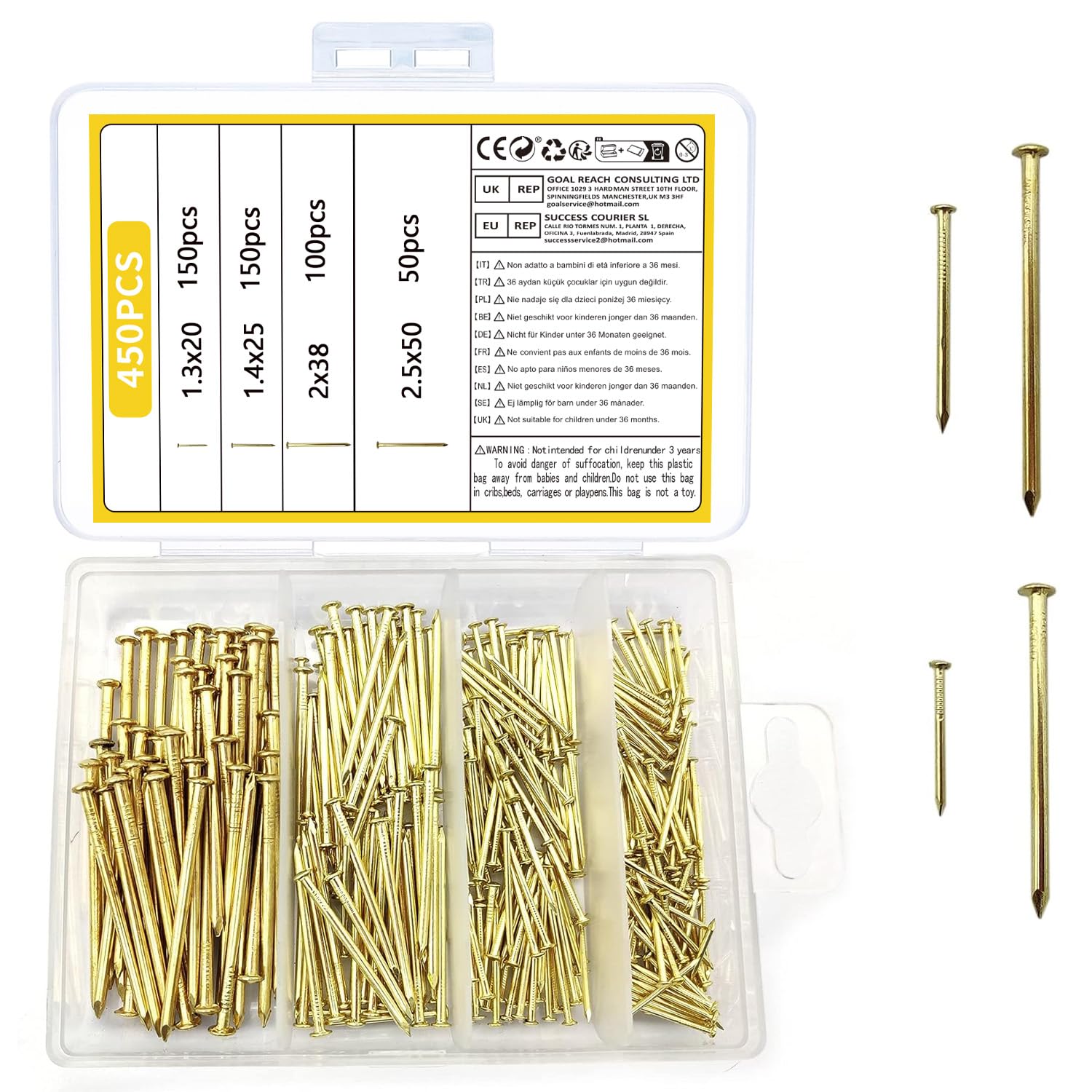 450 Pcs Brass Gold Nails And Pins Assortment, Steel Wall Pins Tacks Nails For Woodworking, Panel Pins For Hanging Picture, Frame, Mirror, Masonry, 719710754638