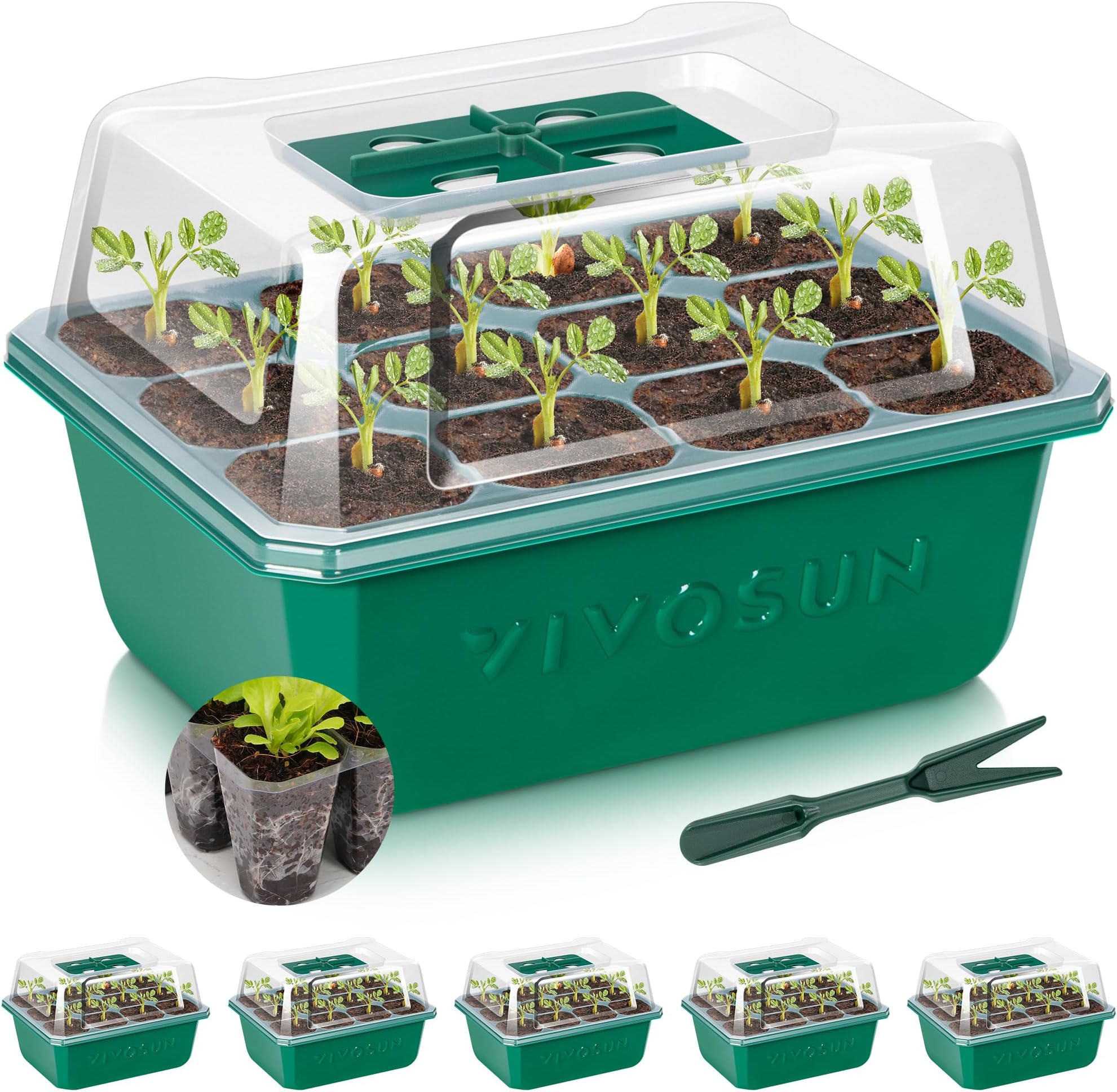 6-Pack Seed Starter Trays, 72-Cell Seed Starter Kit with Humidity Dome, Flat Reusable Plant Germination Trays with Drain Hole, Green Propagation Tray for Planting Seeds