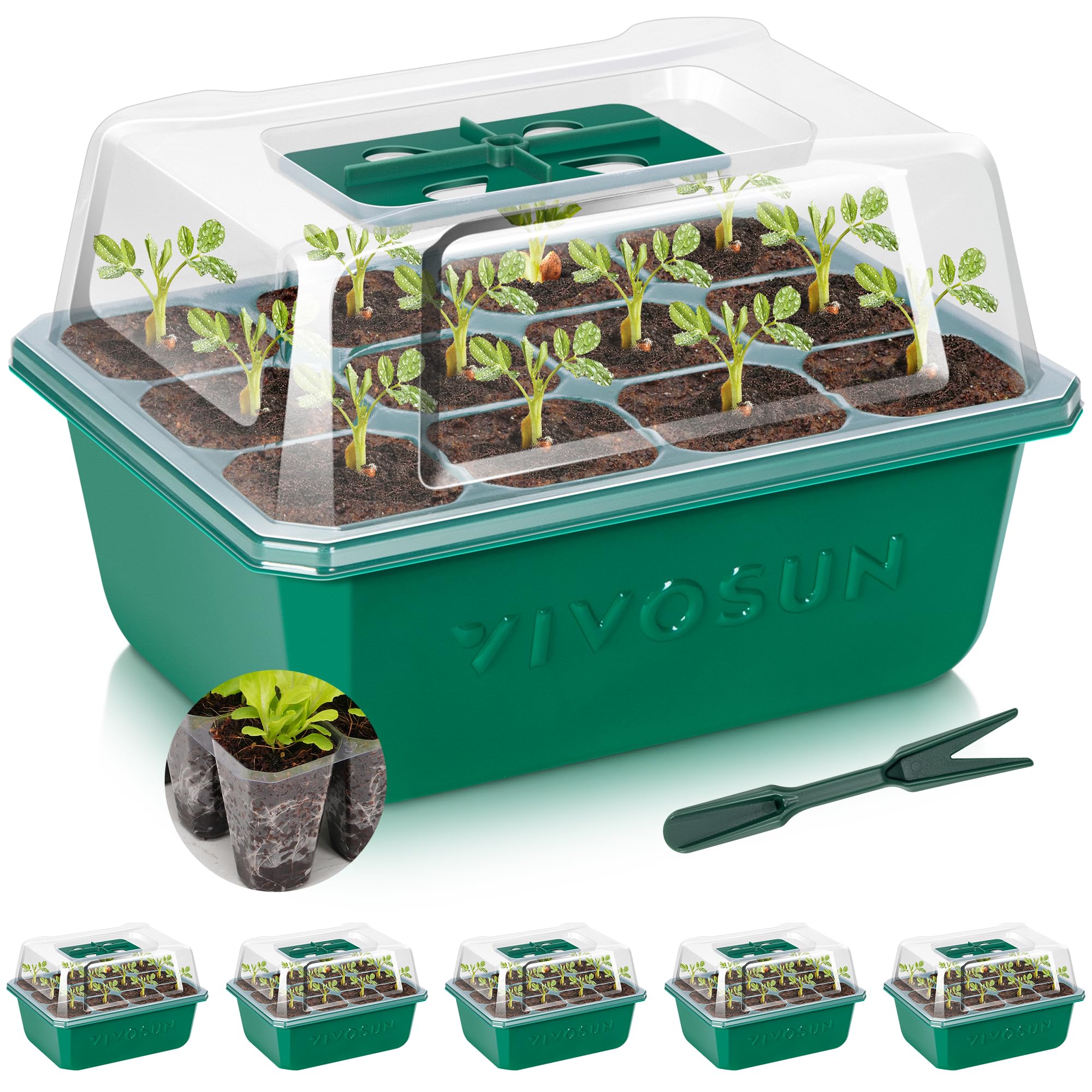 VIVOSUN 6-Pack Seed Starter Trays, 72-Cell Seed Starter Kit with Humidity Dome, Flat Reusable Plant Germination Trays with Drain Hole, Green Propagation Tray for Planting Seeds