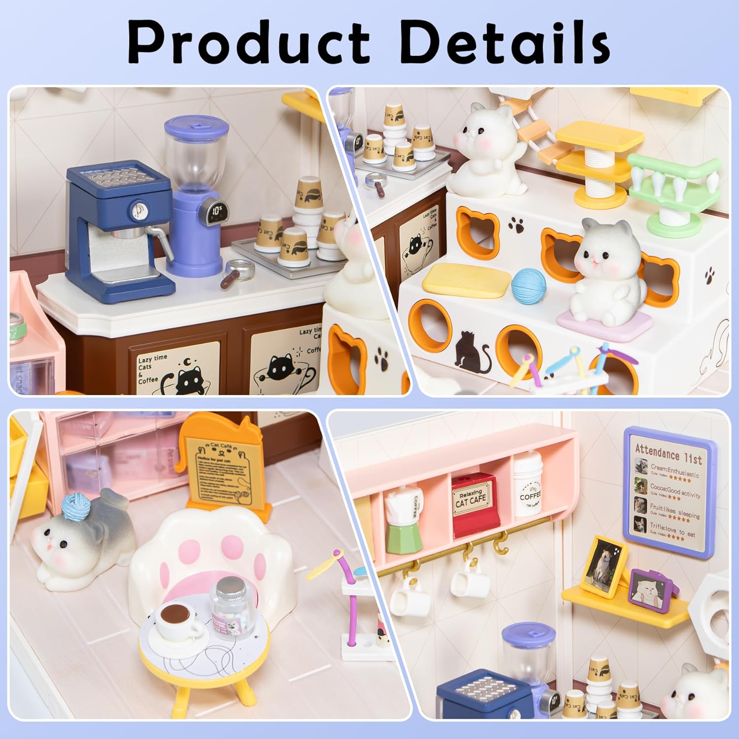 DIY Miniature House Kit with LED Lights, Whimsical Cat Cafe Miniature Kit with Roof & Dust Covers for Teens, DIY Coffee Shop with Cats & Furniture, Creative Christmas Decoration Gift Idea