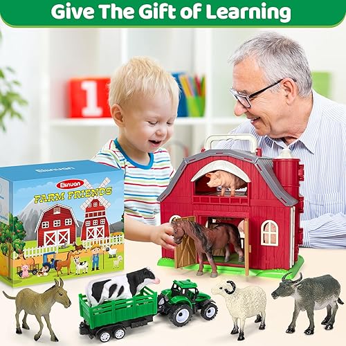 Miniatura 7 de Juguetes de animales de granja para niños de 1, 2, 3, 4, 5 años, granero rojo grande con figuras, animales y juguete de tractor para niños, juego de
