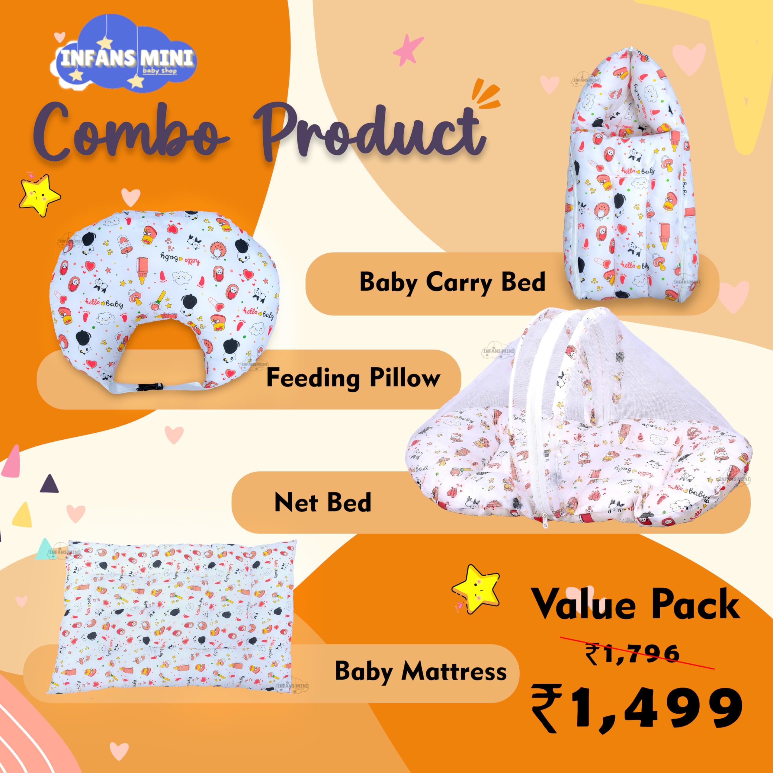 Infans Mini Baby Bedding Set, 4 Pcs Cotton Sleeping Essential|Baby Sleeping Bag|Sleeping Mattress|Mother Nursing Feeding Pillow|Mosquito Net Bed for 0-6 Months (Panda Orange) 1