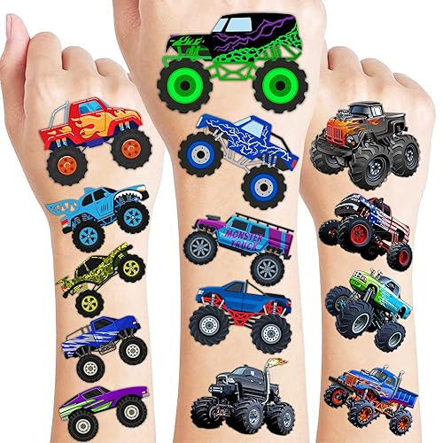 8 hojas (96 piezas) Monster Truck Tatuajes temporales para niños, suministros de fiesta de cumpleaños, recuerdos de tatuajes falsos súper lindos,