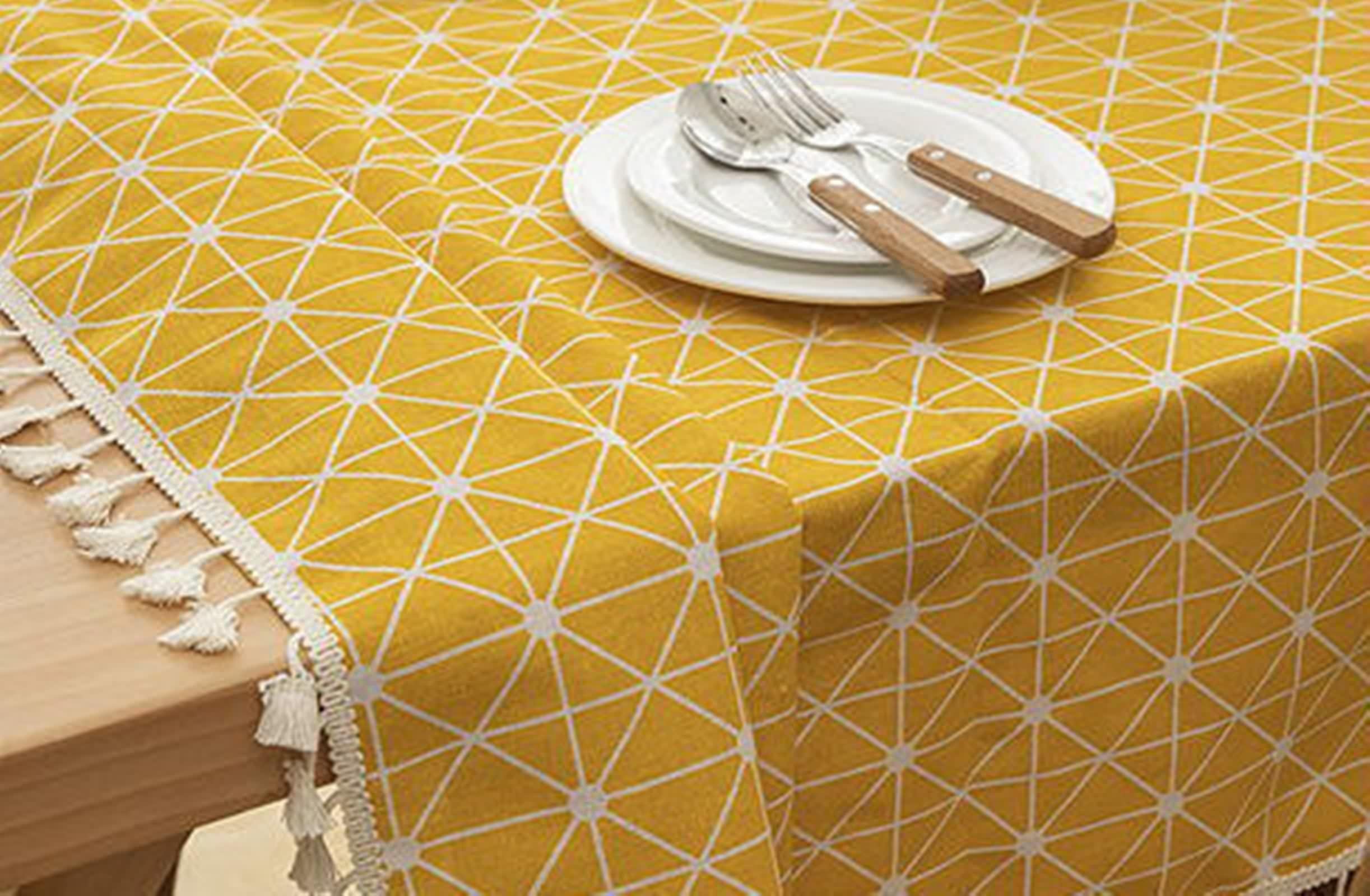 Tovaglia Cotone Gialla, Copri Tavolo Soggiorno Elegante Scacchiera con Nappa Decorativa 140X140CM per Cucina