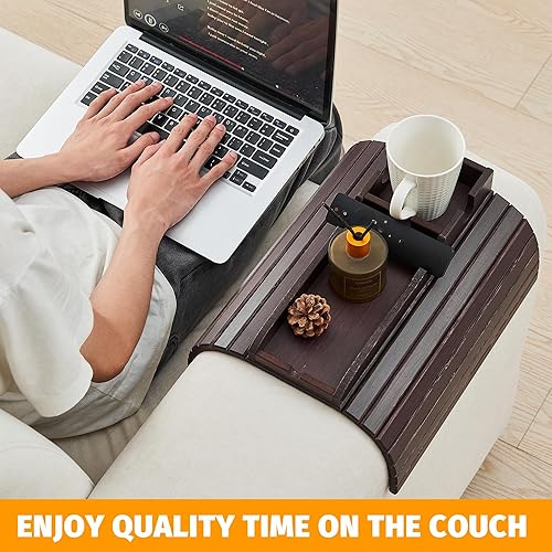 Miniatura 5 de GEHE Soporte para tazas de sofá de bambú, bandeja de brazo de sofá antiderrames, natural y fácil de limpiar, bandeja para reposabrazos perfecta