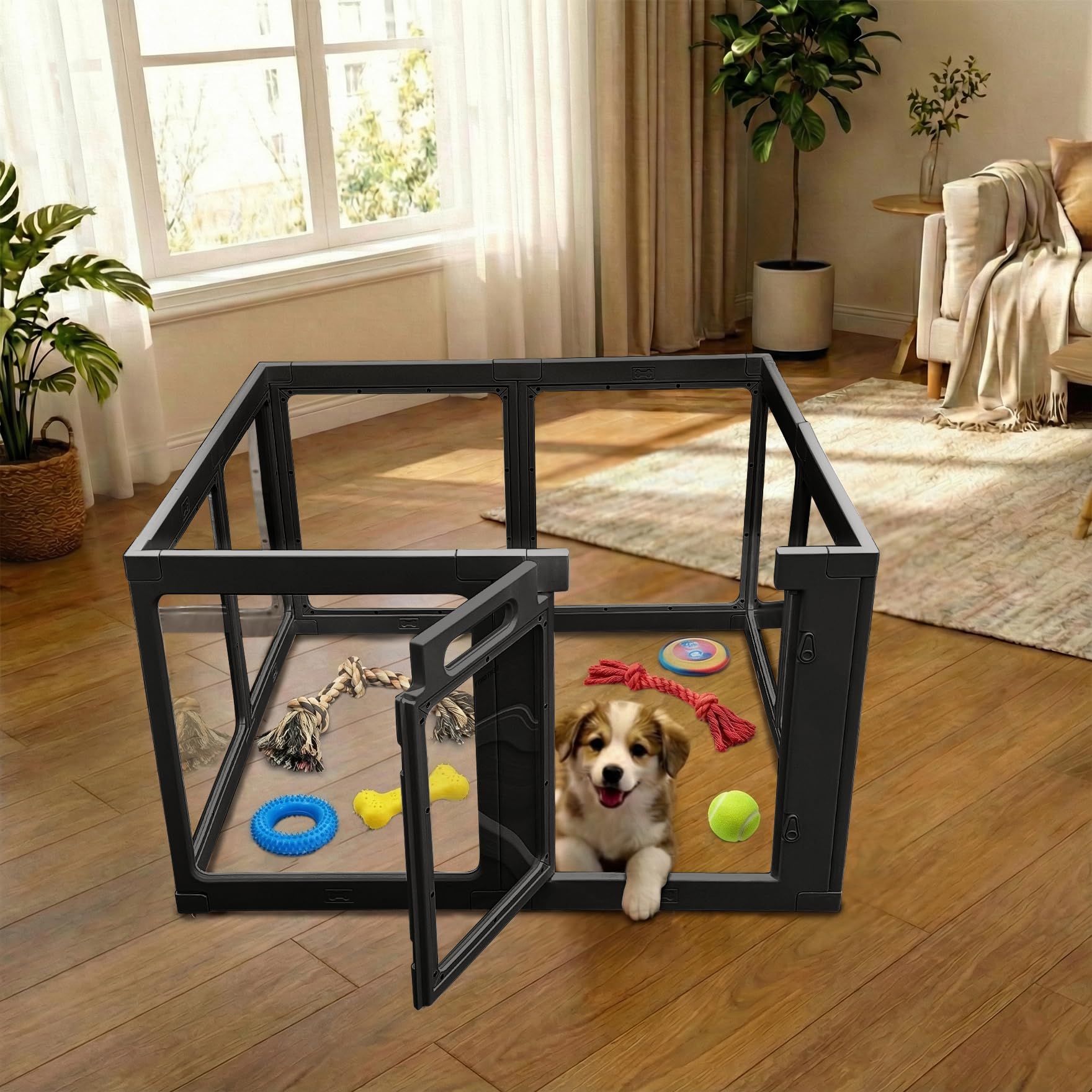 Transparent Indoor Dog Playpen with Safety Lock, Indoor Dog Fence for Small &amp; Medium Pets | Secure, Stylish, Easy Clean Play Pen for Dogs &amp; Pets with Scratch Resistant Panels (24''H,Black, 8 Panel)