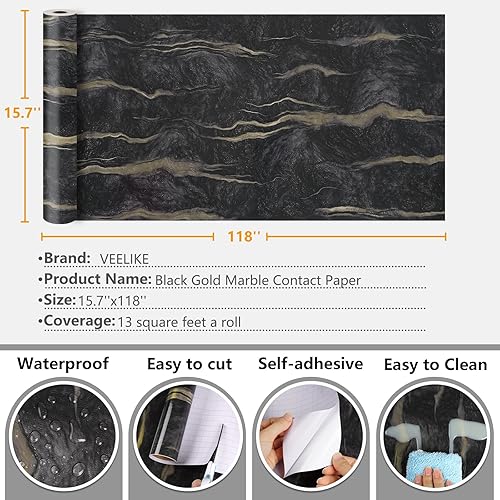 Miniatura 8 de VEELIKE Papel adhesivo de mármol negro y dorado para encimeras, impermeable, para encimeras de cocina, papel tapiz autoadhesivo de vinilo para