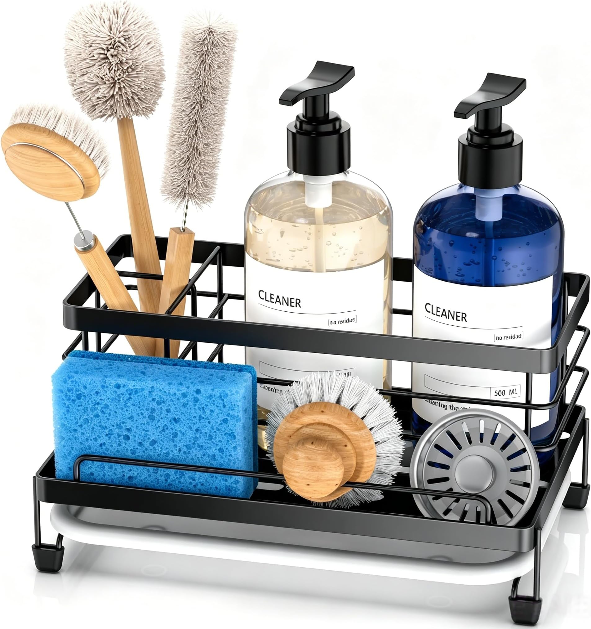 Cisily Sponge Holder for Kitchen, Sink Caddy Organizer, Kitchen Sink Accessories with Drip Tray, Rustproof and Non-slip Kitchen Sink Sponge Holder, Kitchen Essentials for New Home(Matte Black
