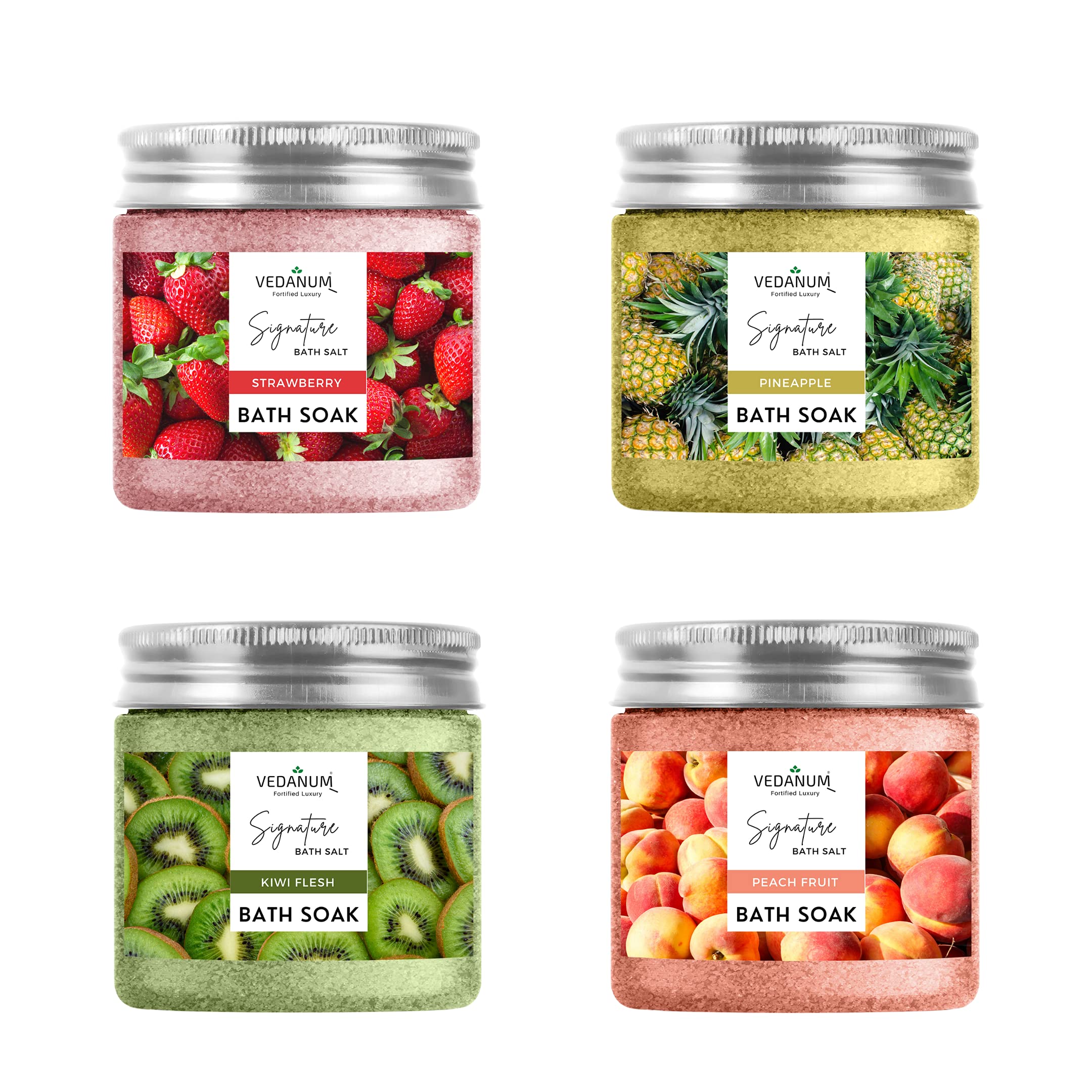 Vedanum Botanic Infusion Strawberry, Pineapple, Kiwi, Peach Fruit Bath Salt Combo for Pain Relief, Relaxing, Foot Massage - Pack of 4 Jars 100 Gm Each-image-5