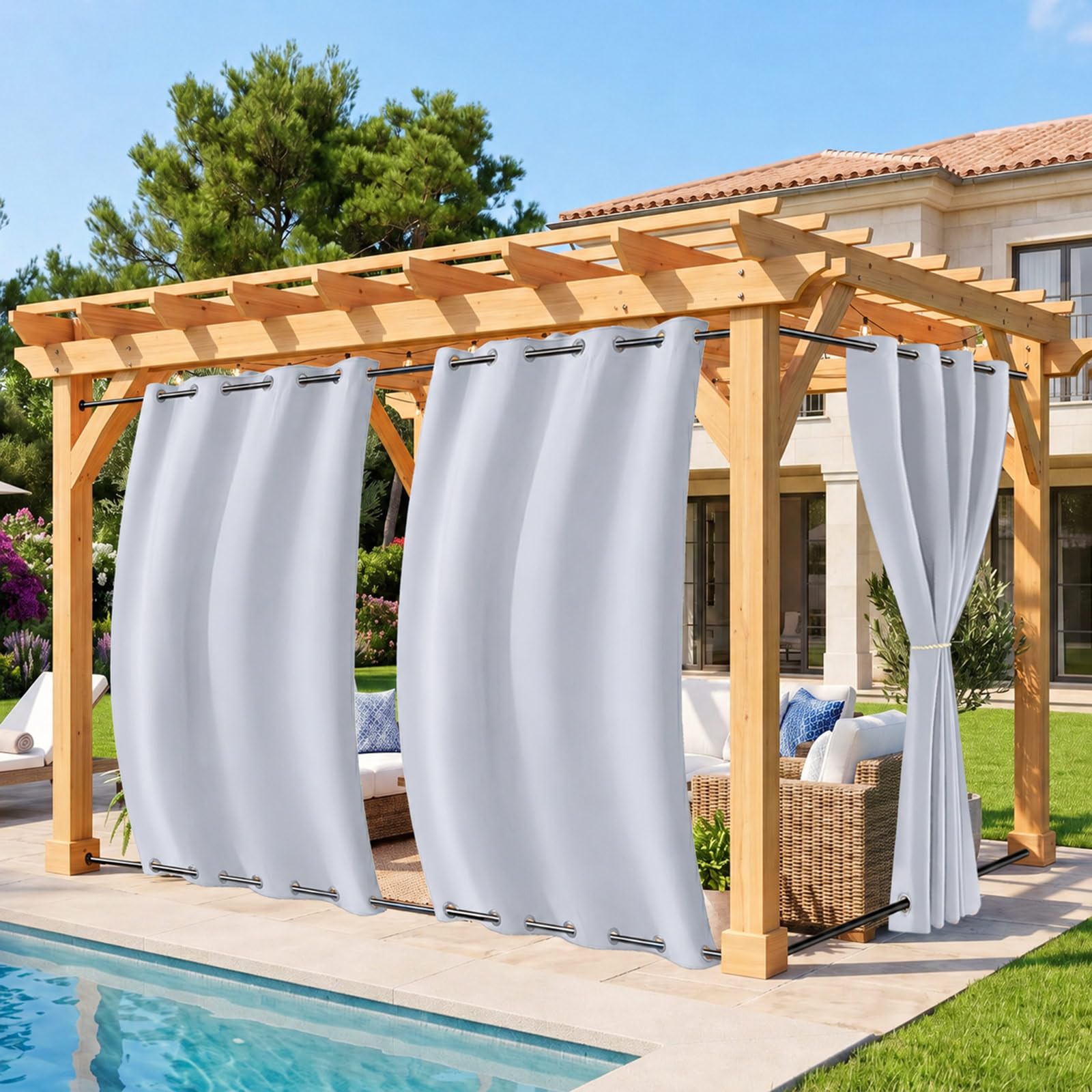 Rosnek Rideaux d'Extérieur, Lot de 2 Rideau pour Pergola, Rideau Exterieur Terrasse avec Œillets Supérieurs et Inférieurs,Imperméables, pour Balcon, Terrasse, Pergola (H 243 x L 132 cm, Gris-Blanc)