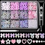 500 Pcs 3D Nail Charms and Flatback Pearls 11, 6 Colors Bow + Pink&White Star Heart Cute Charms + 2-6mm White Pearls for Nail Art Design with Nail Charm Glue(UV Needed) and Pickup Tools