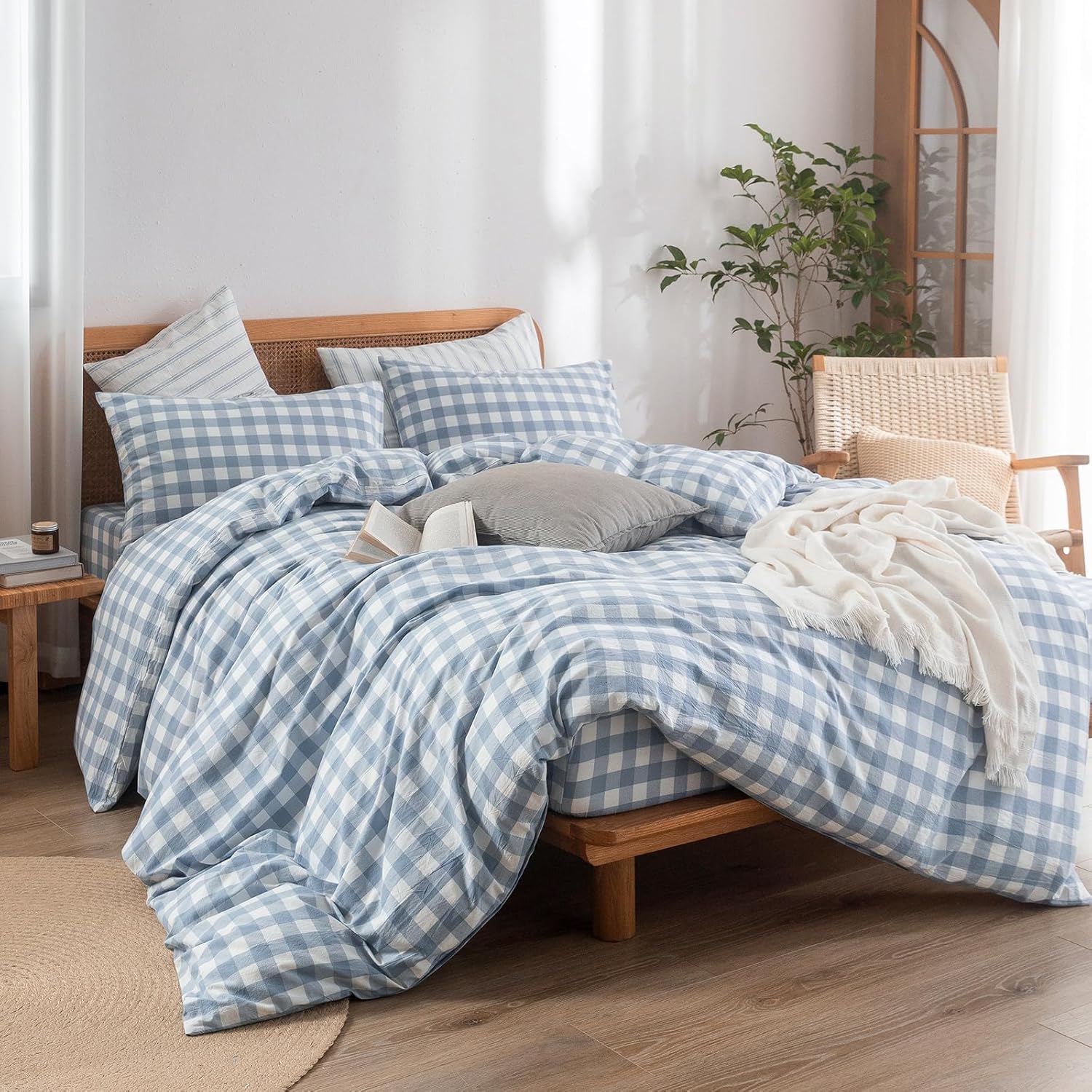 BESTOUCH Duvet Cover Set 100% Washed Cotton Linen Feel Super Soft Comfortable Chic Lightweight 3 PCs Home Bedding Set Cornflower Blue & White Grid King - Image 4