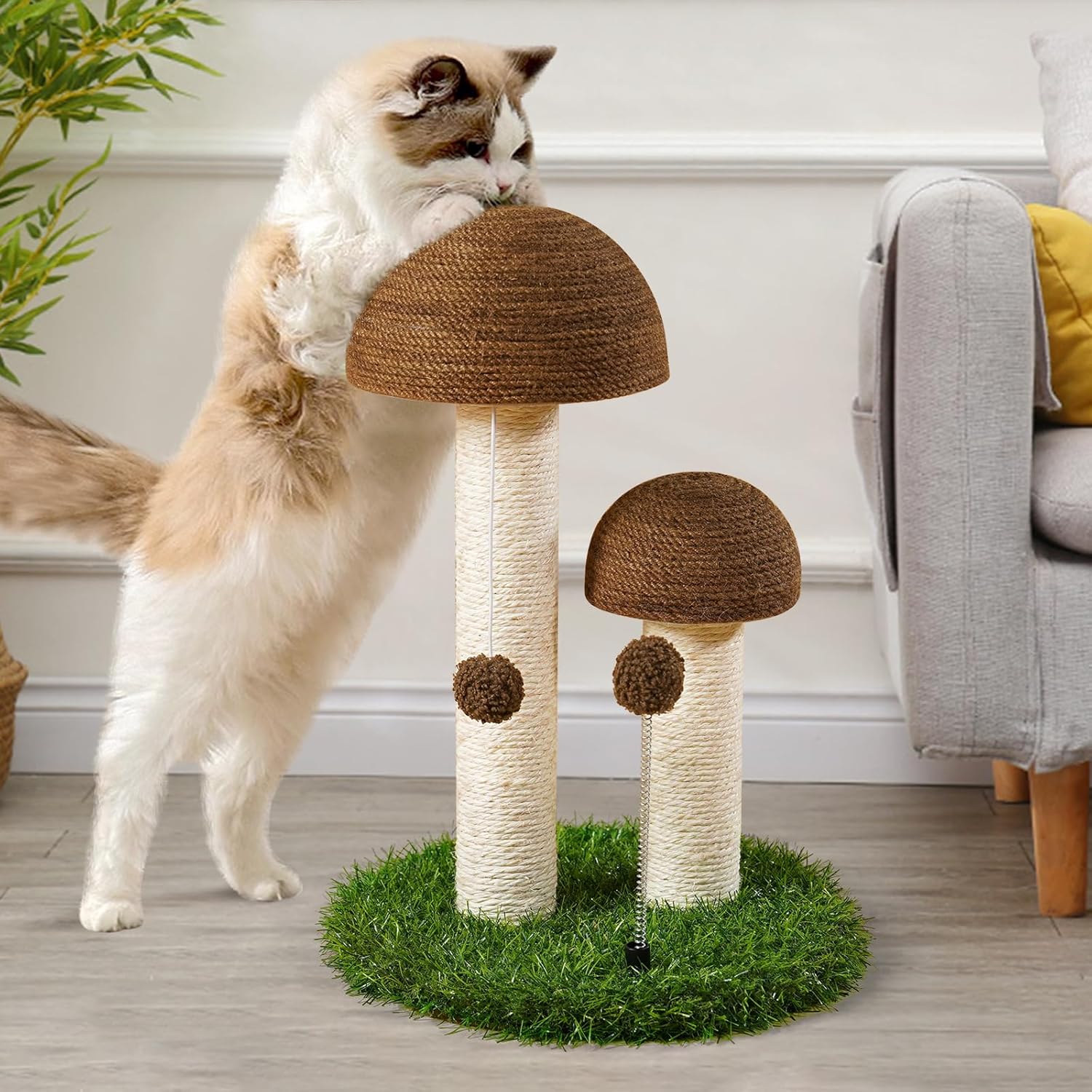 Odoland Cat Scratching Post Mushroom Natural Sisal Board Scratcher for Kitten Health and Good Behavior, Furniture Scratch Deterrent Accessories for Cats and Kitten Brown