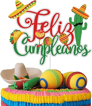 Feliz Cumpleanos Happy Birthday Mexican Cake Topper Cinco De Mayo Theme Party Cake Decoration Cactus Taco Sombrero Green Glitter Fiesta Party Supplies