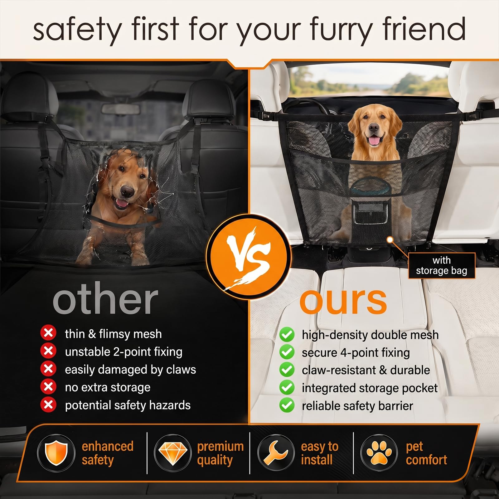 Griglia per Cani per Auto con Tasche portaoggetti 69x57cm, Rete divisoria Universale in Nylon, barriera di Sicurezza per Sedile Posteriore e Anteriore