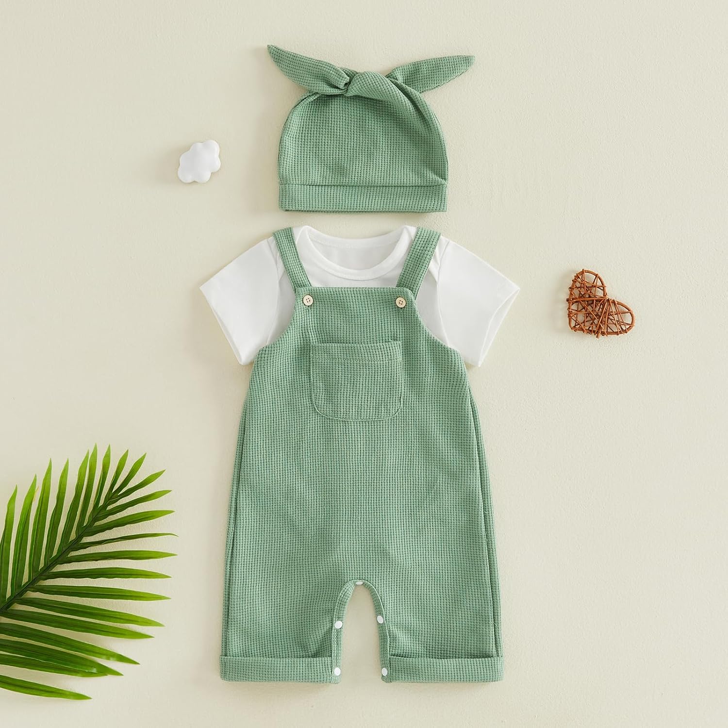 Newborn Baby Boy Clothes Summer Outfit Solid Color Short Sleeve Romper Waffle Suspender Shorts Overall Set 3Pcs - Image 4