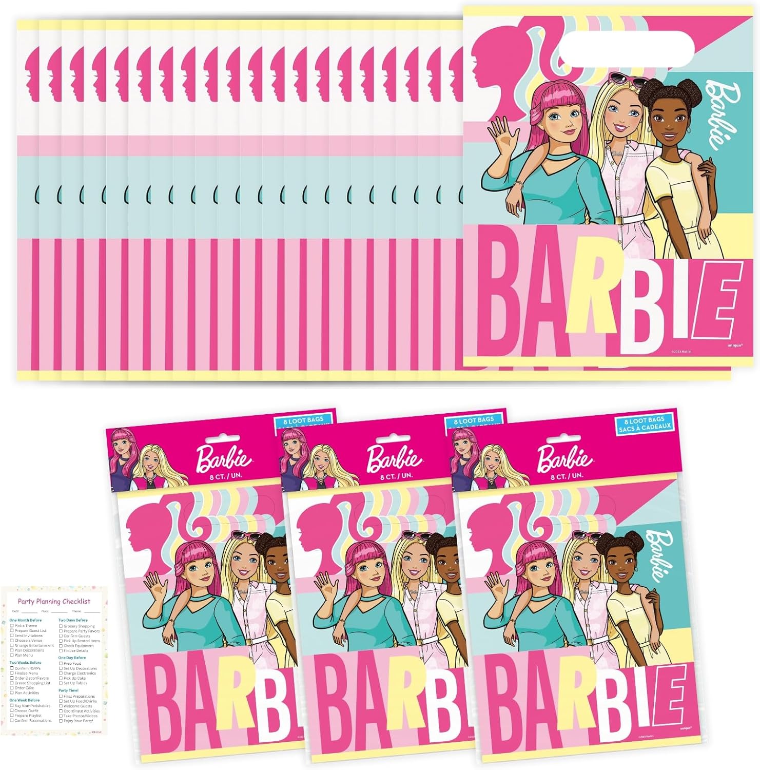Unique Barbie Party Bags - Barbie Party Decorations - 24 Goodie Bags, Checklist - 24 Guests - Birthday Decorations