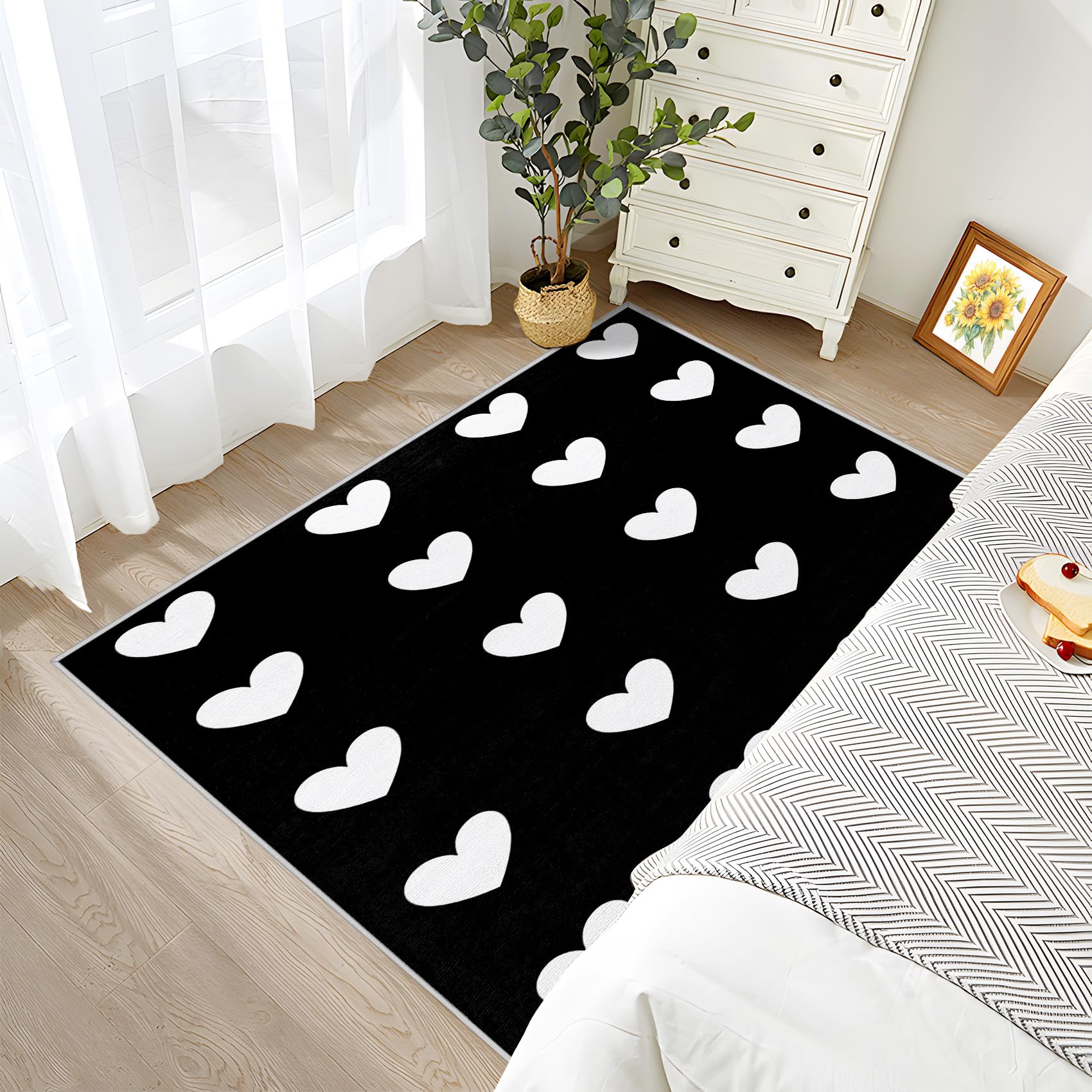 Herz Teppich Wohnzimmer 240x340 Herzen Schwarz Weiß Deko, Großer Teppich Kurzflor, Weich rutschfest Waschbare Teppiche, Bettvorleger Schlafzimmer Kinderzimmer
