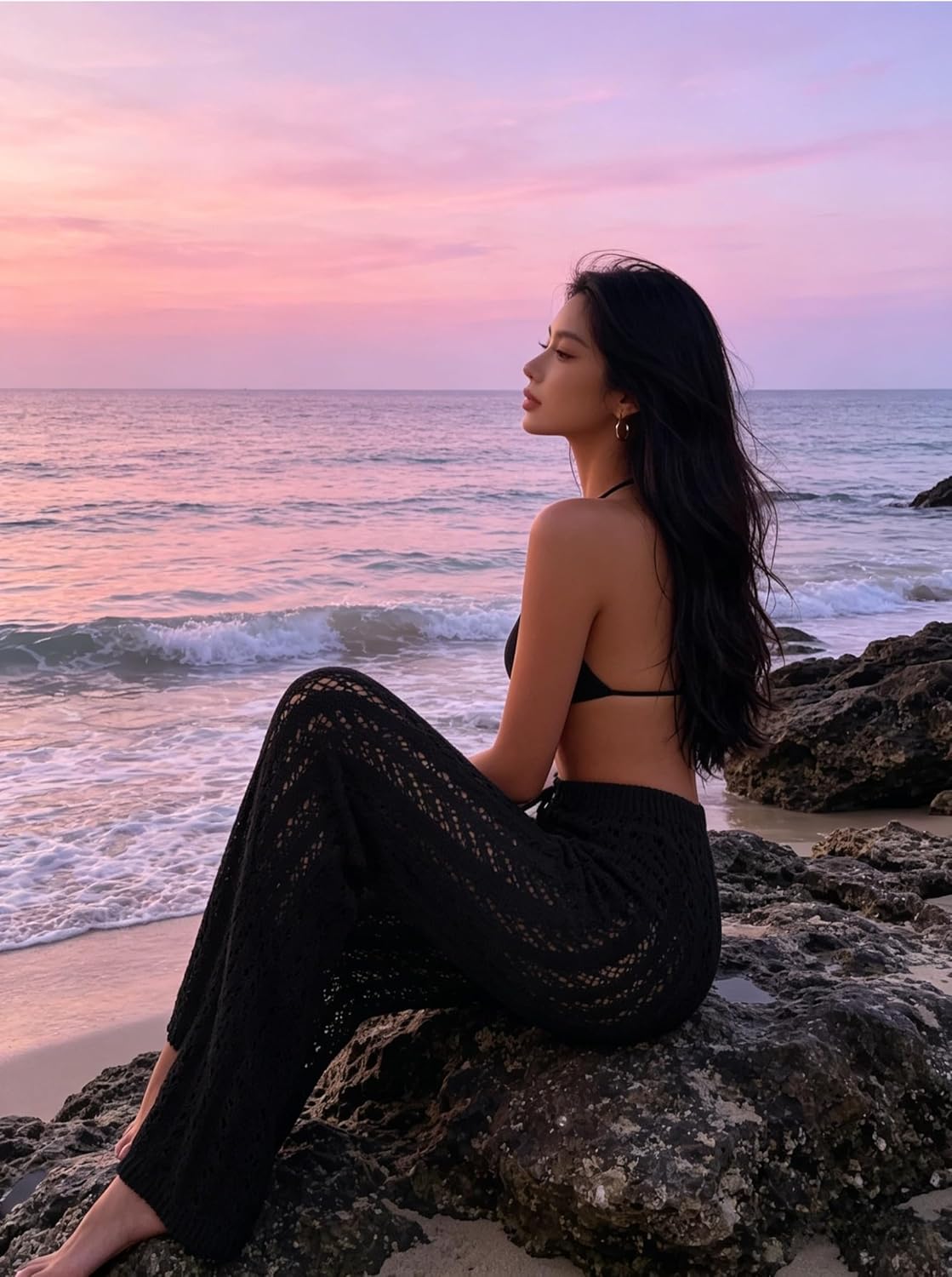 Women's Crochet Knit Beach Pants Hollow Out Drawstring Waist Cover Up Pants Casual Summer Swimwear Cover Up