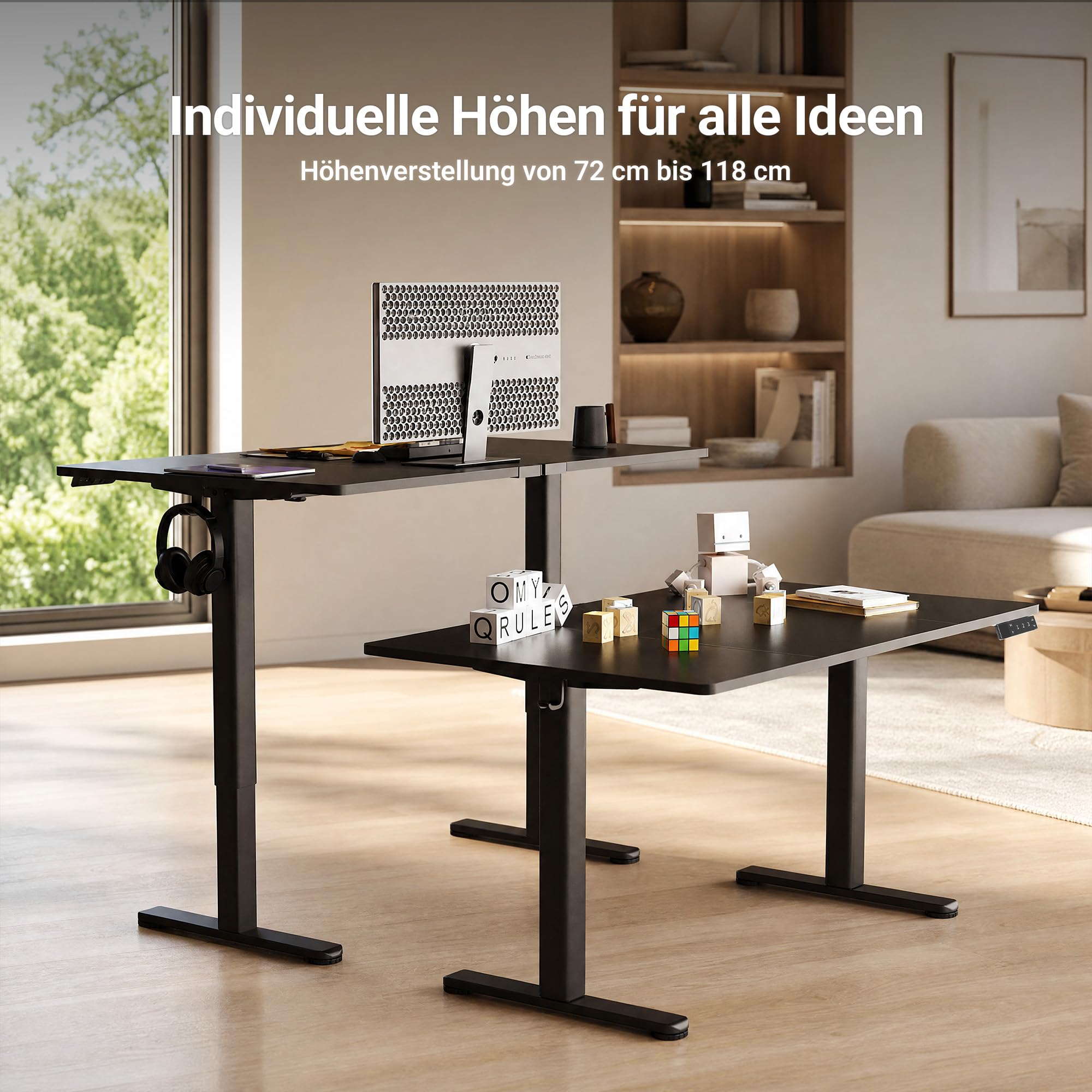 Claiks Höhenverstellbarer Schreibtisch mit Steckdosen 160 x 80 cm, Schwarz | 80kg Tragkraft, Integrierte Ladestation, Kabelmanagement-Box inklusive, Ergonomisches Sitzen-Stehen für Homeoffice & Gaming.
