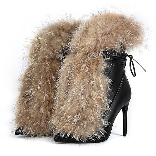 Furry Pointed Stiletto Heels with Straps Large Size Ankle Boots