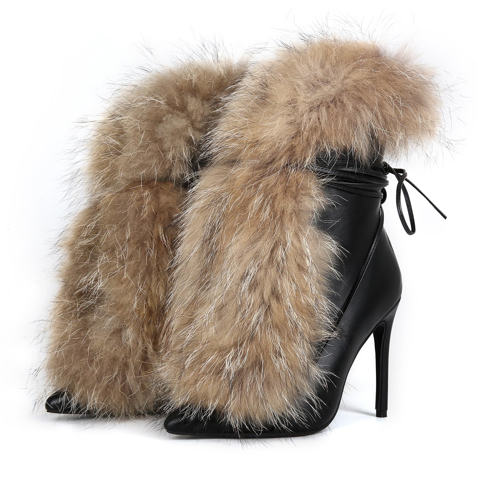 Furry Pointed Stiletto Heels with Straps Large Size Ankle Boots Heavy-Duty Soft Faux Fur Shoes Clubwear for Party
