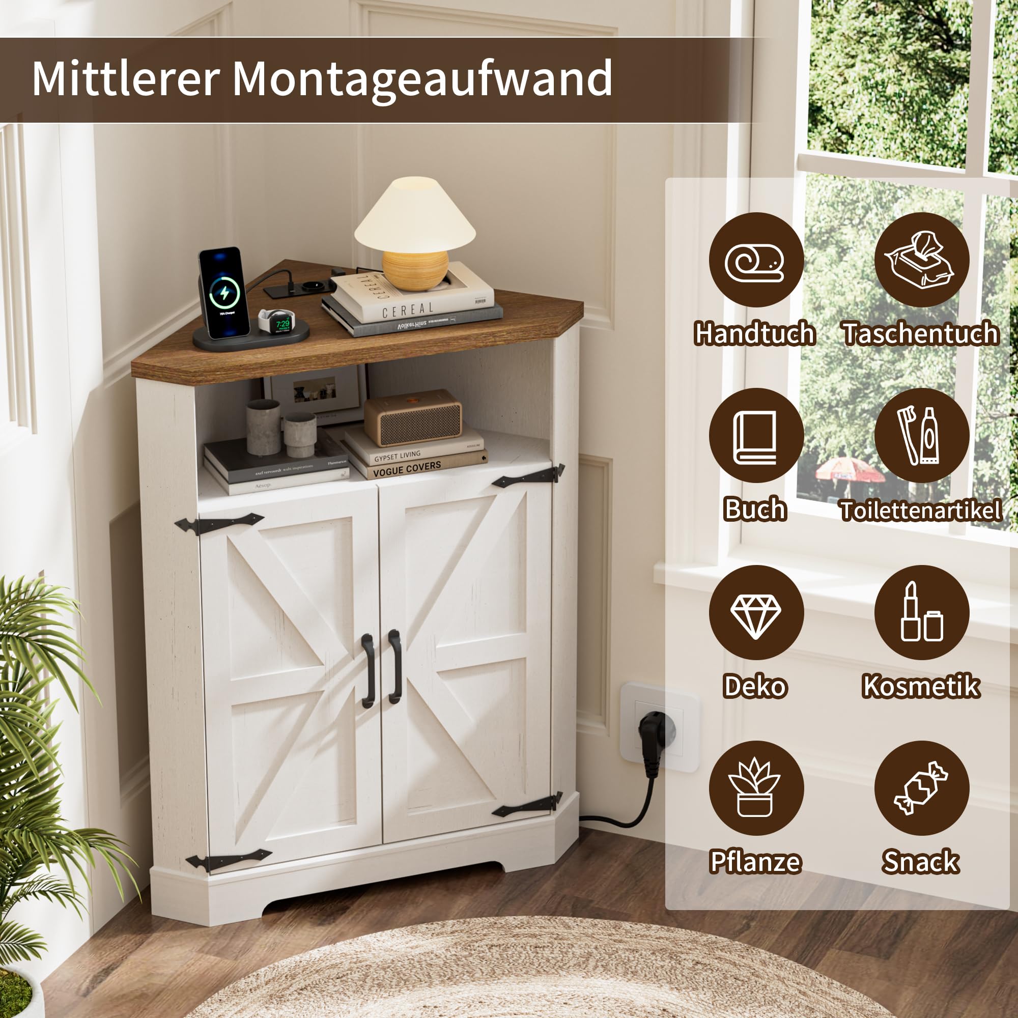 BonVache Eckschrank mit verstellbaren Fächern und offenem Stauraum, Schrank mit Steckdose, geeignet als Aufbewahrungsschrank für Wohnzimmer, Flur und Badezimmer, Weiß