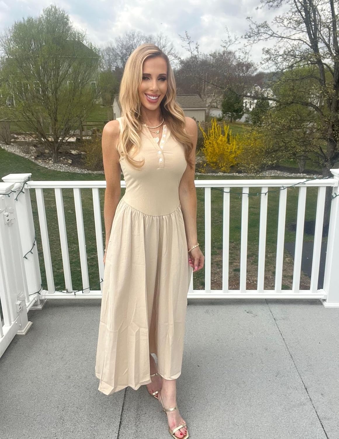 Women's Summer Casual Dresses Sleeveless Knitted V Neck Sundress Drop Waist A Line Long Maxi Dress with Pockets - Image 5