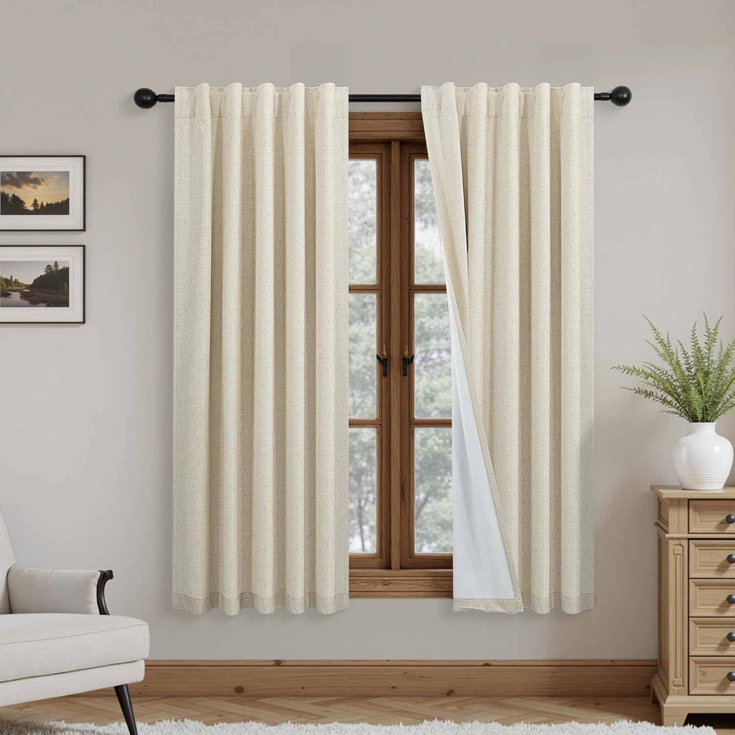 Mrs.Naturall Sage Green Boho Slub Linen Blackout Curtains 84 Inches Long, Back Tab Spring Cottage Core Curtain for Bedroom Living Room