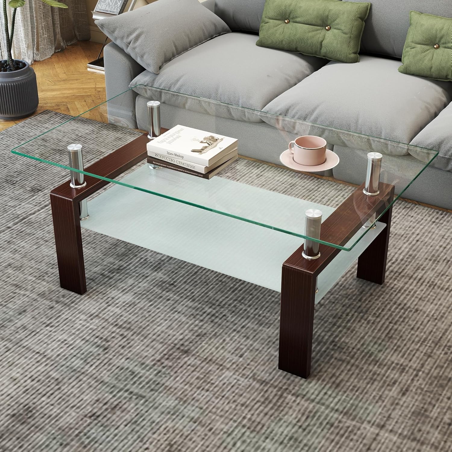 IANIYA Rectangle Glass Coffee Table, Modern Living Room Table with Brown Metal Legs, Center Table for Bedroom Small Space Waiting Room