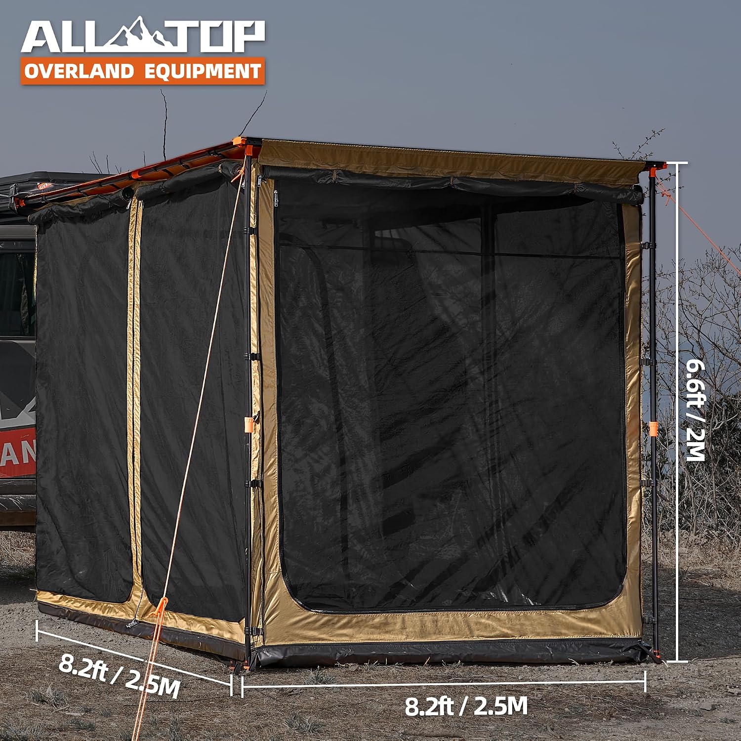 ALL-TOP Awning Room with Floor 8.2' x 8.2' Rip-Stop 210D Oxford Awning Tent with Bug-Resistance Mesh, Waterproof Sun Shelter for Overland, Camping(Black Coating, Room Only)