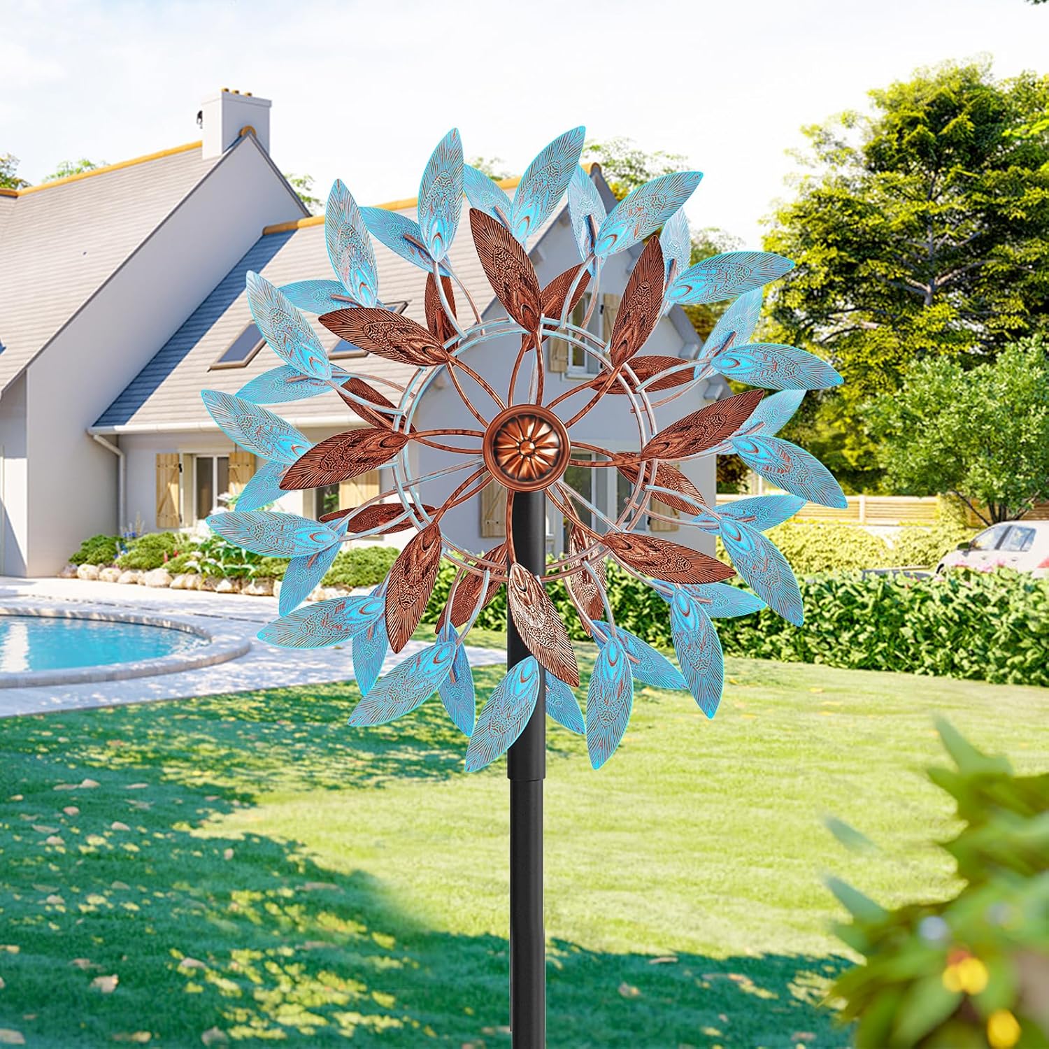 Metal Wind Spinners Outdoor, Kinetic Garden Wndmills,Yard Art Windmill with Metal Stake,Vintage Wind Sculptures & Spinners,Waterproof Pinwheels Large Wind Mill for Patio Lawn Yard Garden(Blue+Brown)