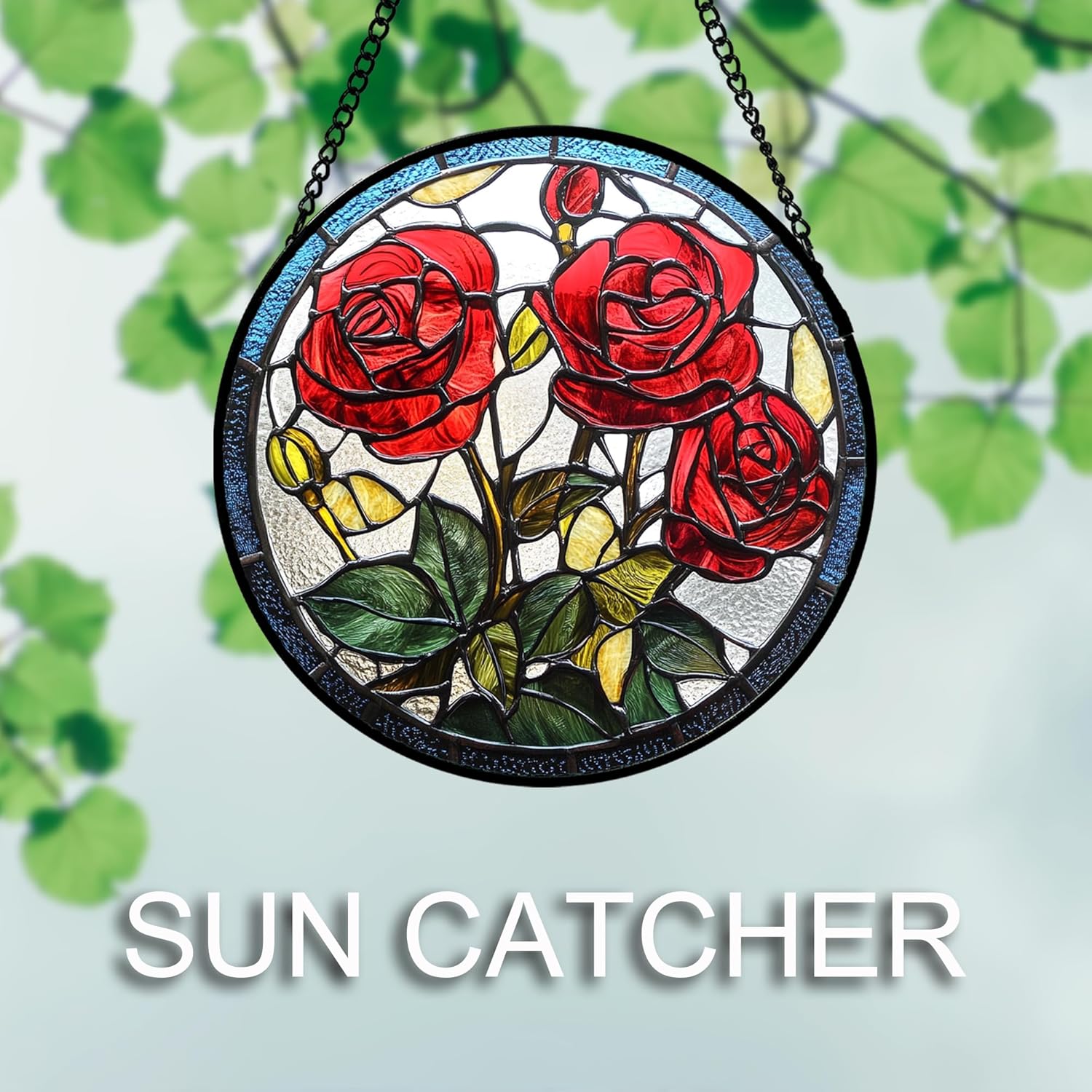 Stained Glass Window Hanging Red Rose Flower Large 15" - Suncatcher Door Garden Sun Catcher Decor Birthday Anniversary Valentines Day Gifts for Woman Wife Men Her Him Lovers Girlfriend