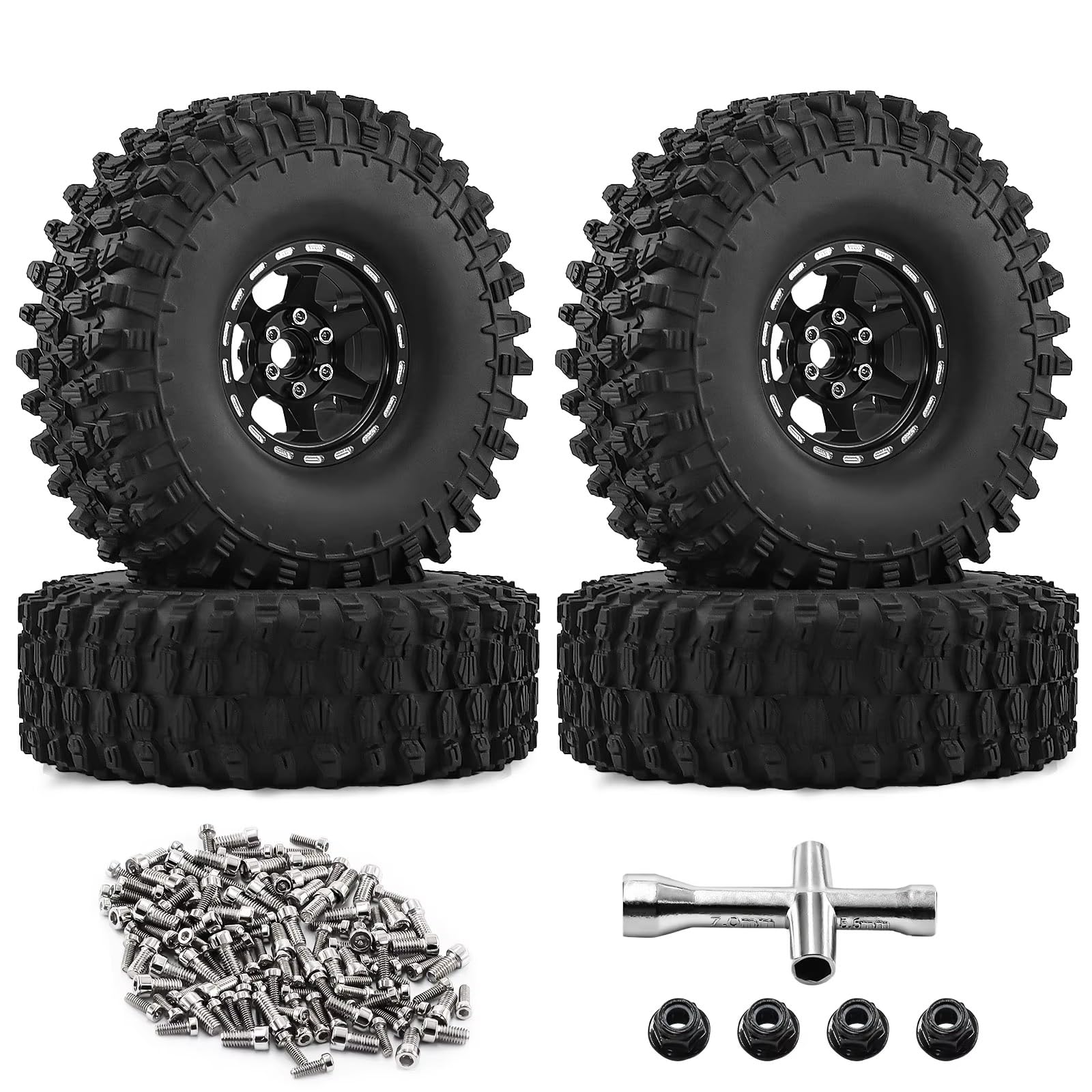 Pneumatico Ruota Per Axial Per SCX10 II/III 90046 AXI03007 1/10 Accessori | Kit Ruote Beadlock alluminio Crawler con Cerchi Lega Leggera e Battistrada Agressivo Multi Terreno(Black)