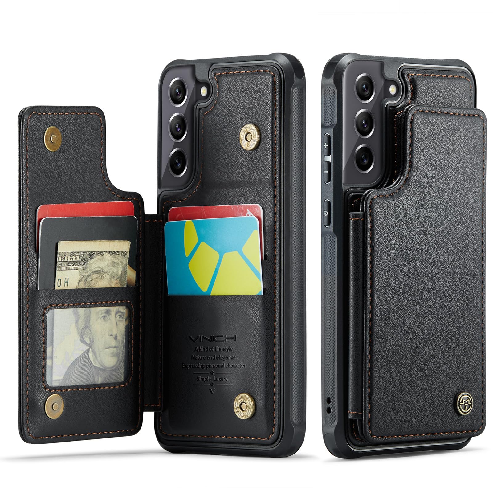 Vinich for Samsung Galaxy S21 FE Case with Card Holder, for Samsung S21 FE Wallet Case for Women Men with RFID Blocking, Durable Kickstand Shockproof Phone Case for Galaxy S21 FE 5G, Black