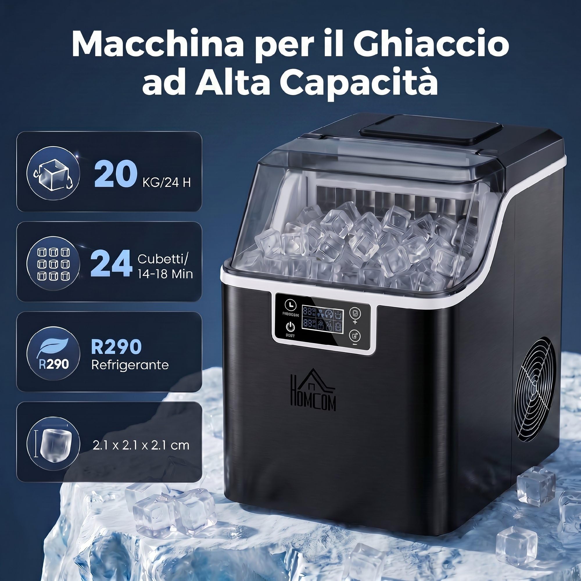 HOMCOM Macchina Ghiaccio 20kg in 24 Ore, Riempimento Manuale o con Bottiglia, 24 Cubetti in 14-18 Minuti con Paletta, Dimensione Regolabile, Serbatoio 3.2L e Sistema Autopulente, Nero