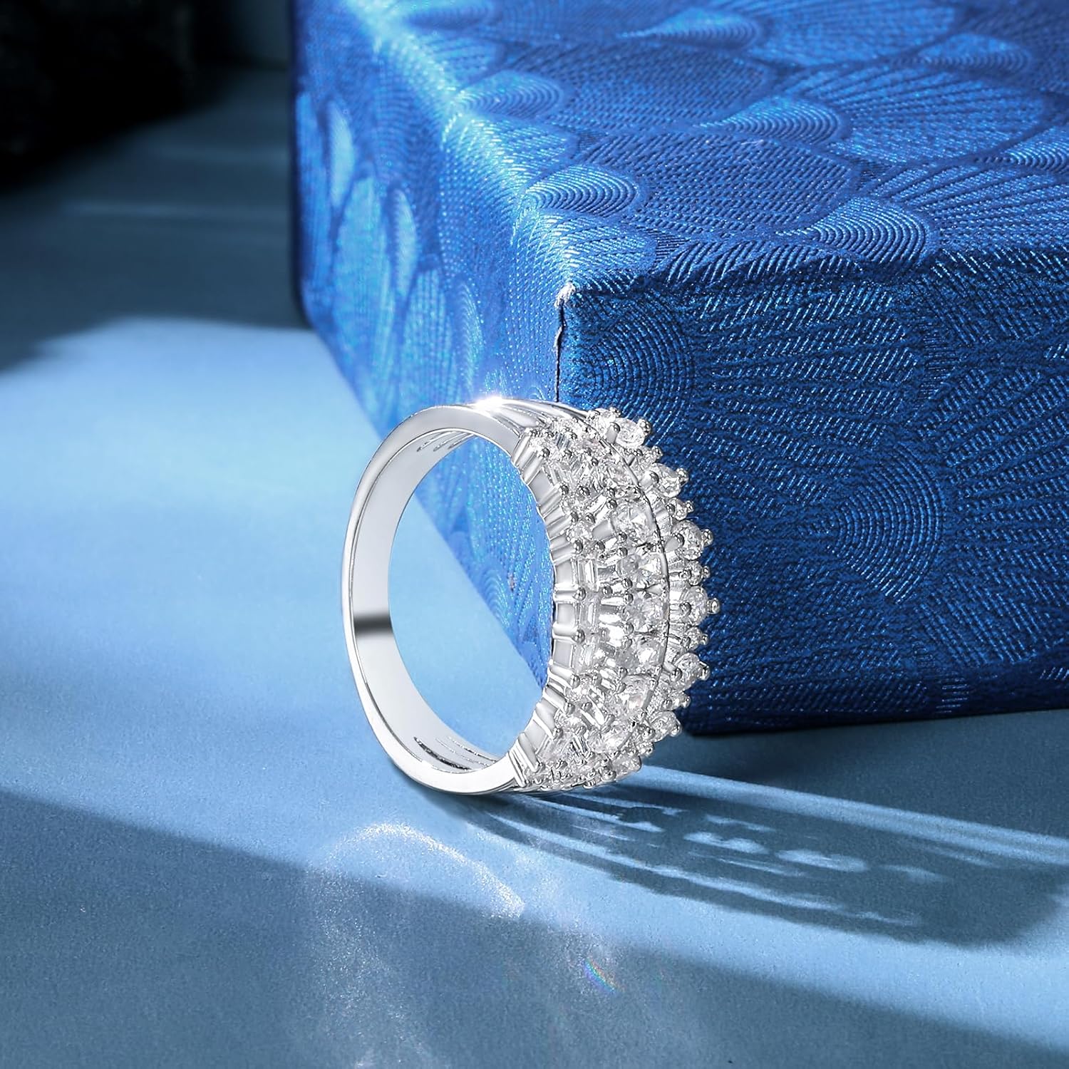 MDFUN 18K White Gold Plated Three-row Cubic Zirconia Engagement Rings Wedding Bands Round Cut Oval Emerald Cut CZ Promise Ring Eternity Band for Women Size 5-10 - Image 7