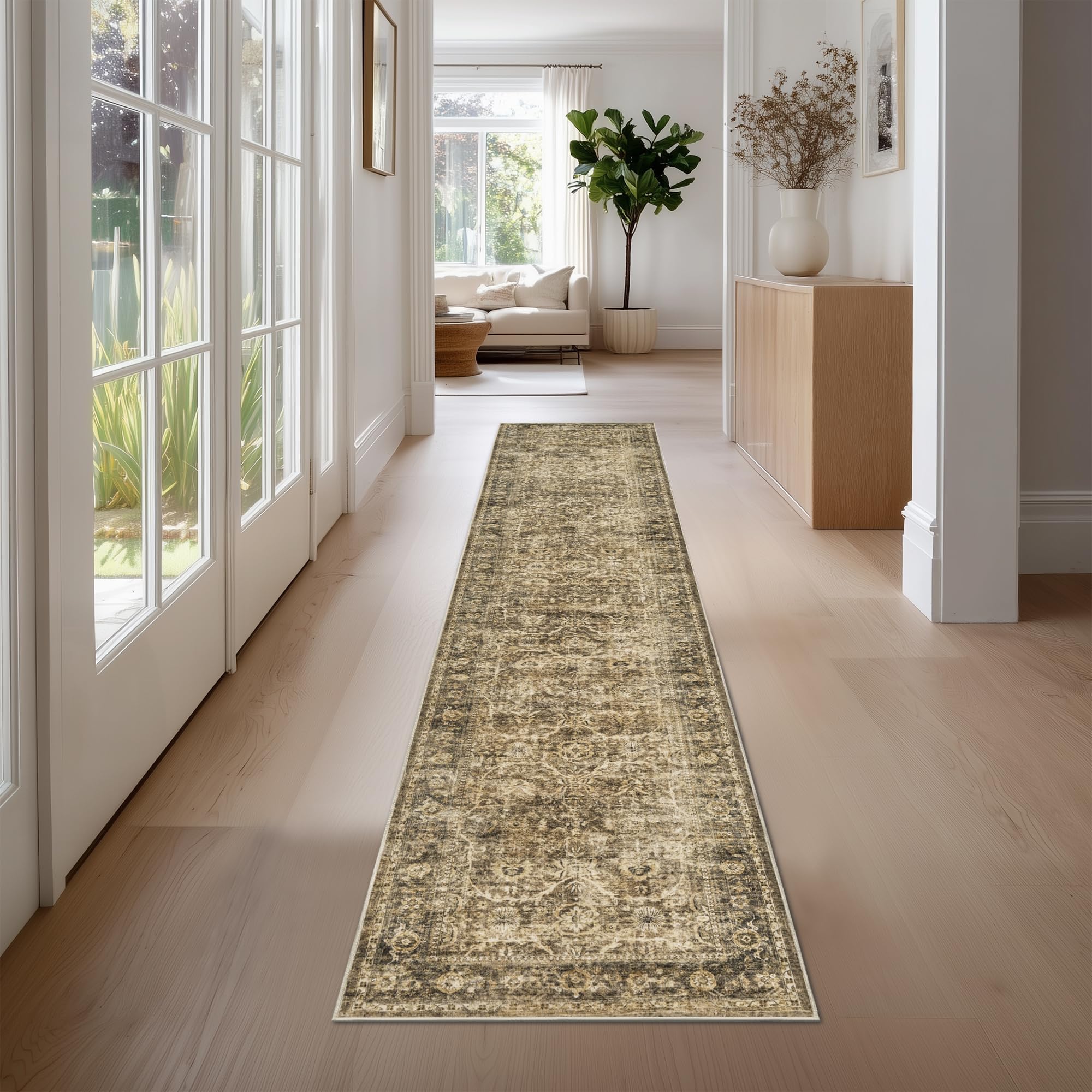 FMFUNCTEX 2x12 Runner Rug Brown Washable Vintage Neutral Distressed Non Slip Low Pile Indoor Carpet Retro Floral Hallway Entryway Rug for Kitchen Living Room Bedroom Bathroom Laundry Entry Bedside