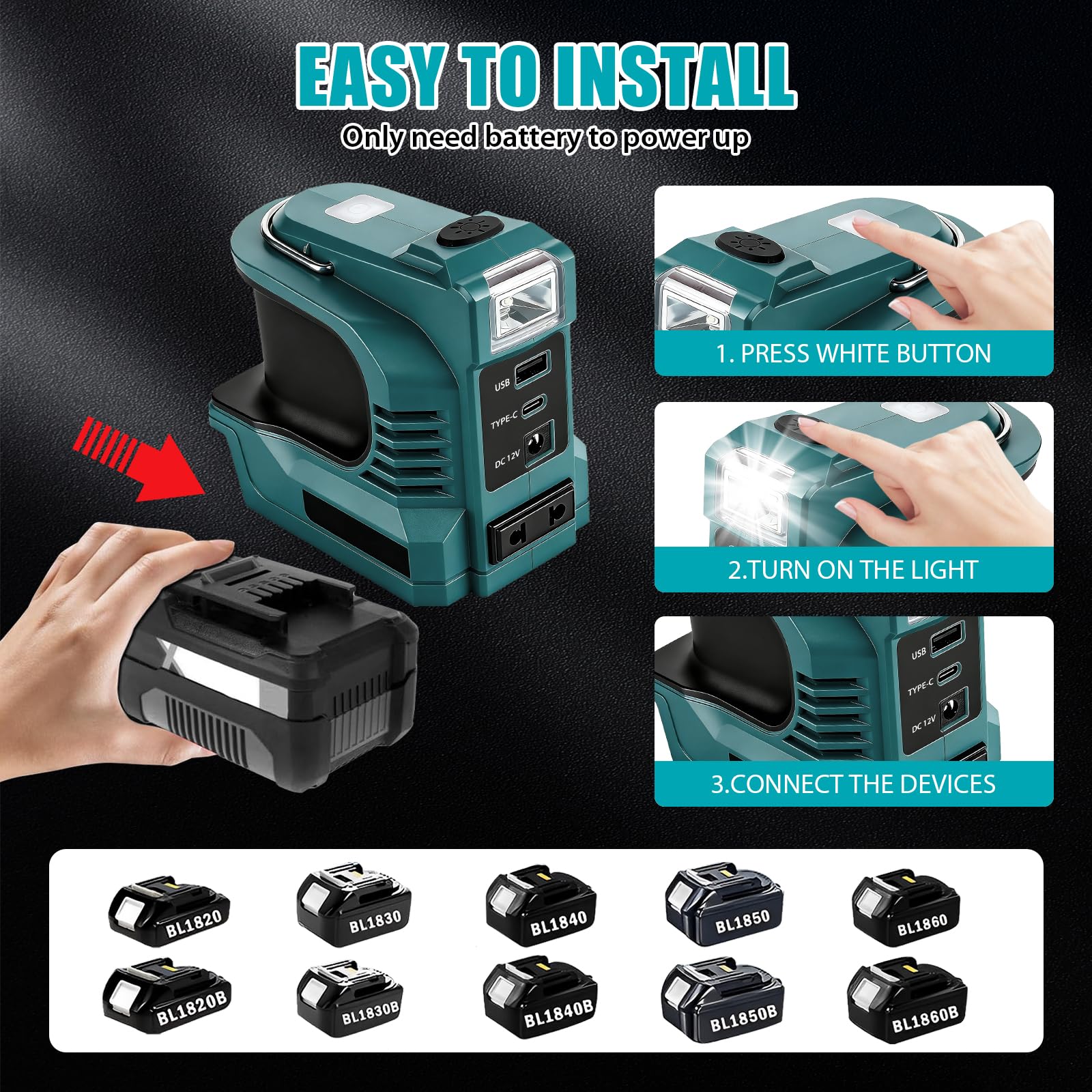 Onduleur de batterie 220 W compatible avec la batterie Makita 18 V, DC 18 V vers AC 220 V, convertisseur de tension sans fil Inverte avec USB Type-C, lampe LED 200 lm (220 W pour Makita)