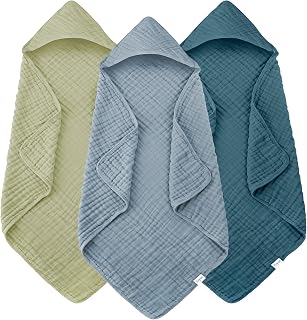 Muslin Hooded Baby Bath Towels - 3 Pack 100% Cotton Ultra-Soft Towels for Newborns, Infants, Toddlers - 32x32 Inch - Highly Absorbent, Quick-Dry Essentials for Bath, Beach, Pool, Green Blue Series